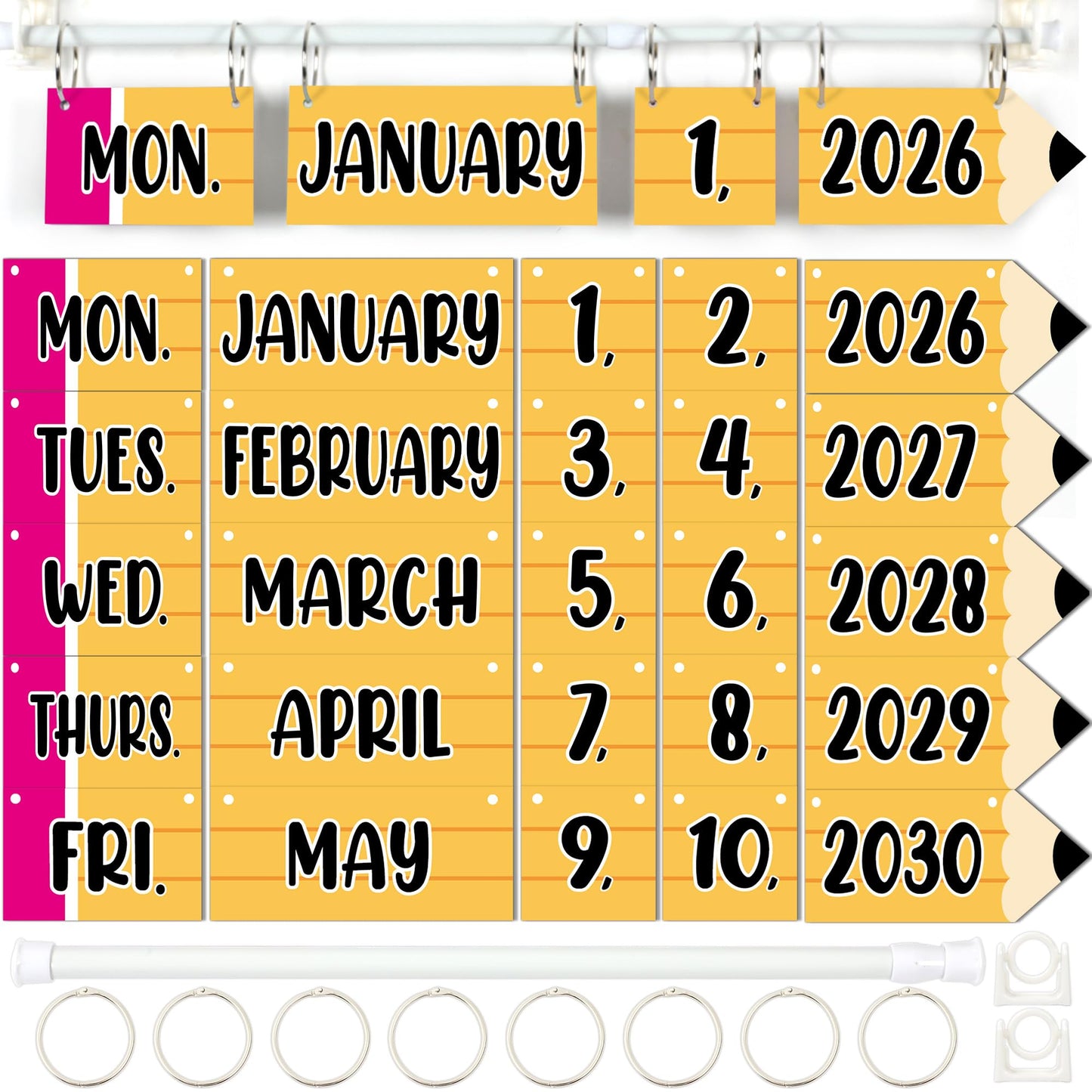Pencil Flip Calendar Bulletin Board Set Pencil Calendar for Classroom Whiteboard Decor with 2026 to 2030 Years Date Cards and Adjustable Rod for Home Elementary Back to School Teacher Supplies