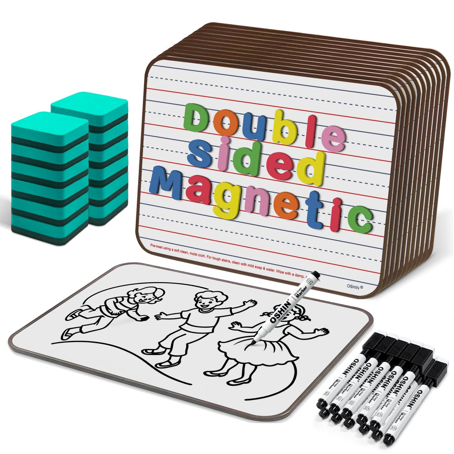 12 Pack Small White Boards, 9"x12" Double Sided Magnetic Dry Erase Boards Personal Handheld Whiteboards with Lines for Kids, Students, Teacher School, Include 12 Markers, 12 Erasers, 12X52 Pcs Letters