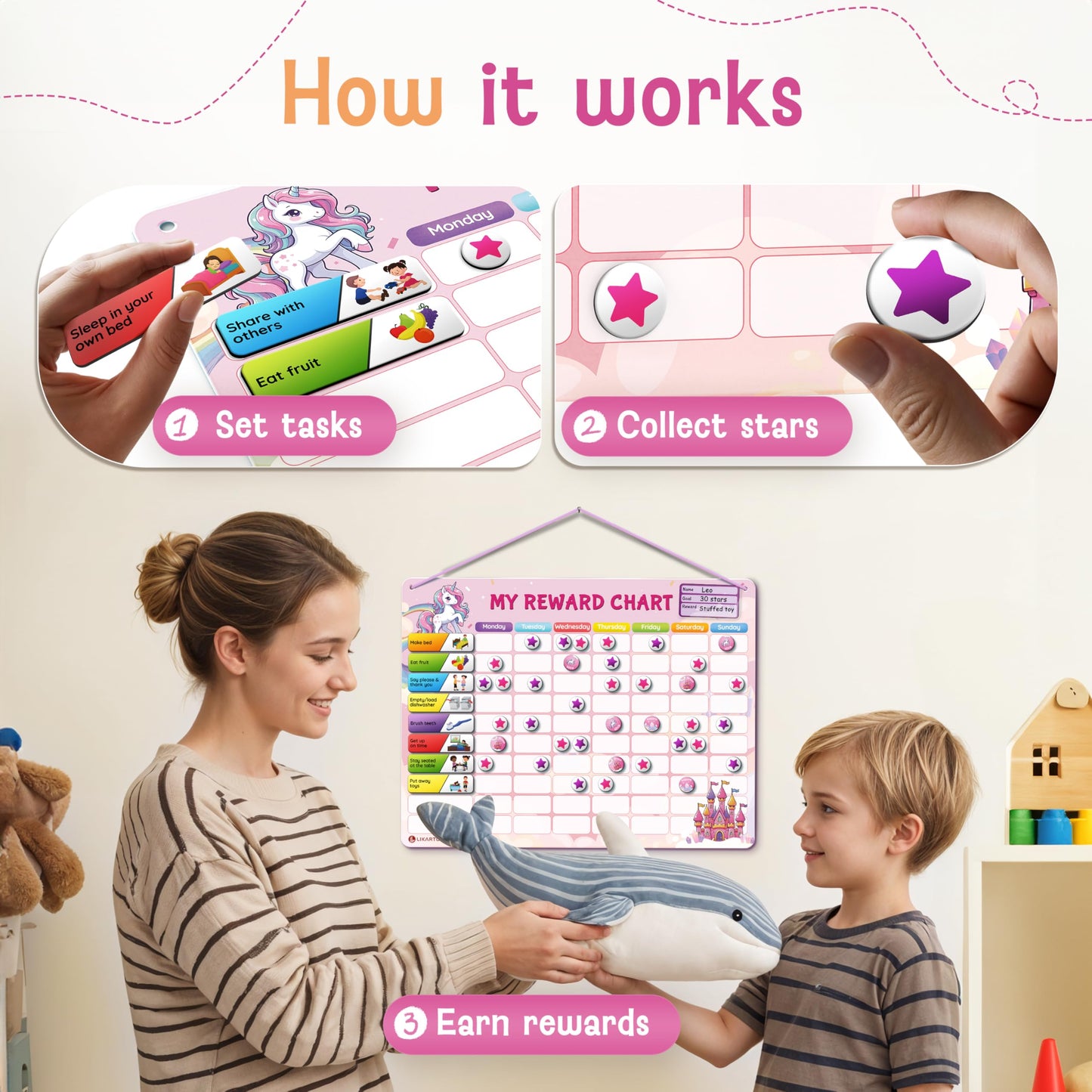 LIKARTO Magnetic Reward Chart for Kids with 280 Magnets - Behavior Chart for Kids at Home - Responsibility Reward Chart - Chore Chart - Visual Schedule - Ideal for Ages 3-9, Autism, ADHD - Pink