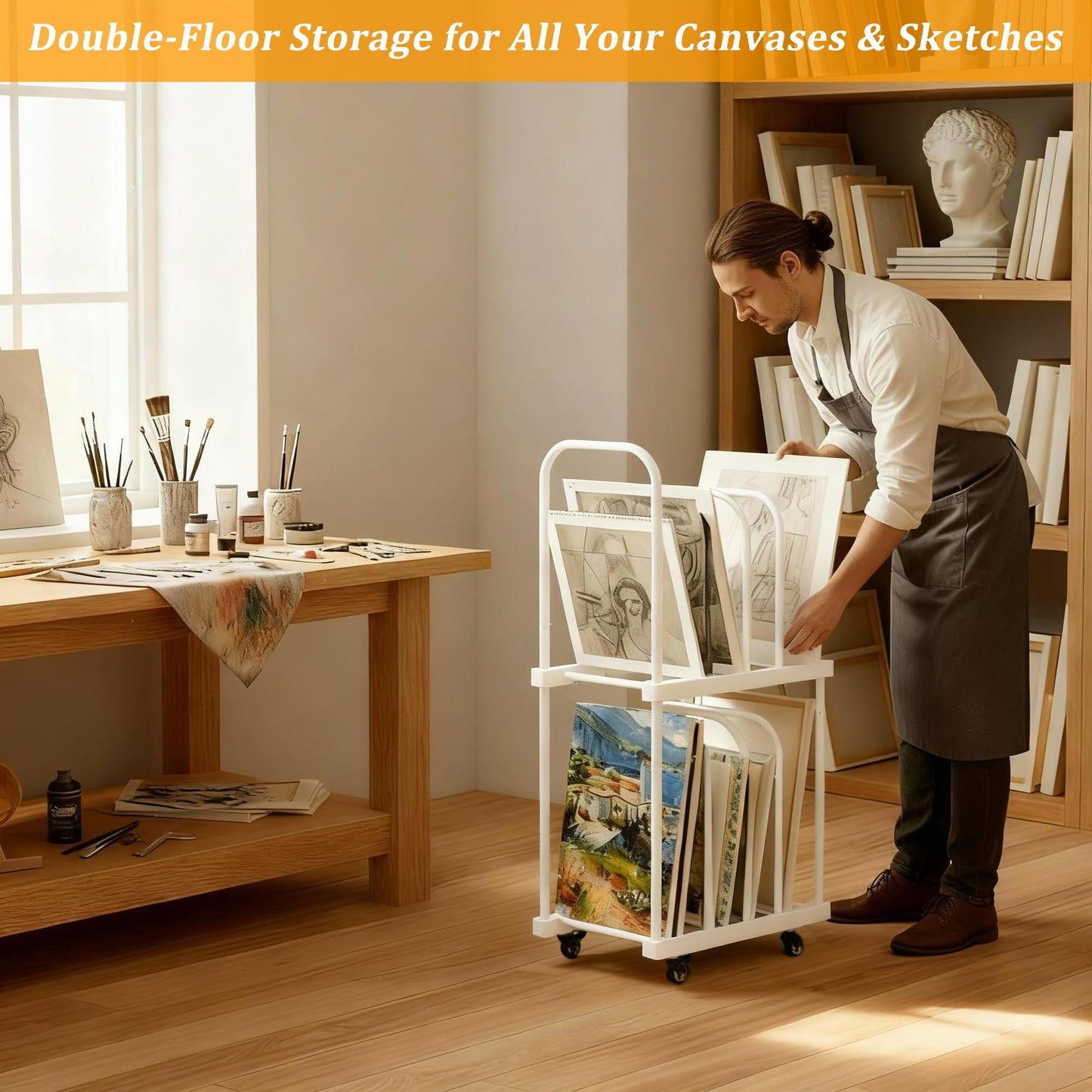 BERPET Art Storage Rack with Wheels, Double-Tier Adjustable Metal Drying & Display Stand for Canvas, Boards, Prints, and Artwork – Heavy-Duty Mobile Organizer for Studio, Classroom