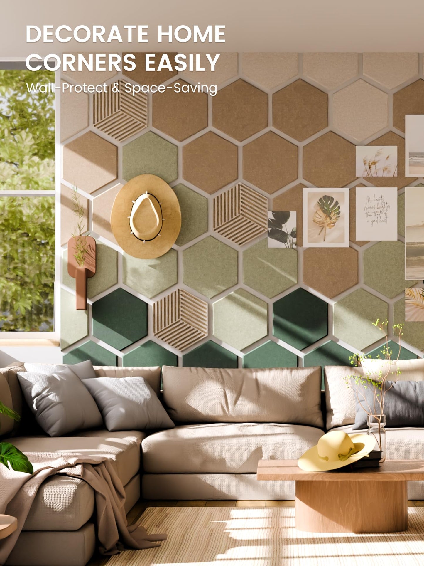Fluxynara Hexagon Cork Board Alternative for Walls Decor-10-Pack Felt Bulletin Board Tiles,with 30 Pushpins,50 Adhesive Tabs for Office,Classrooms & Home Pin Board Felt Board-Nordic Moss