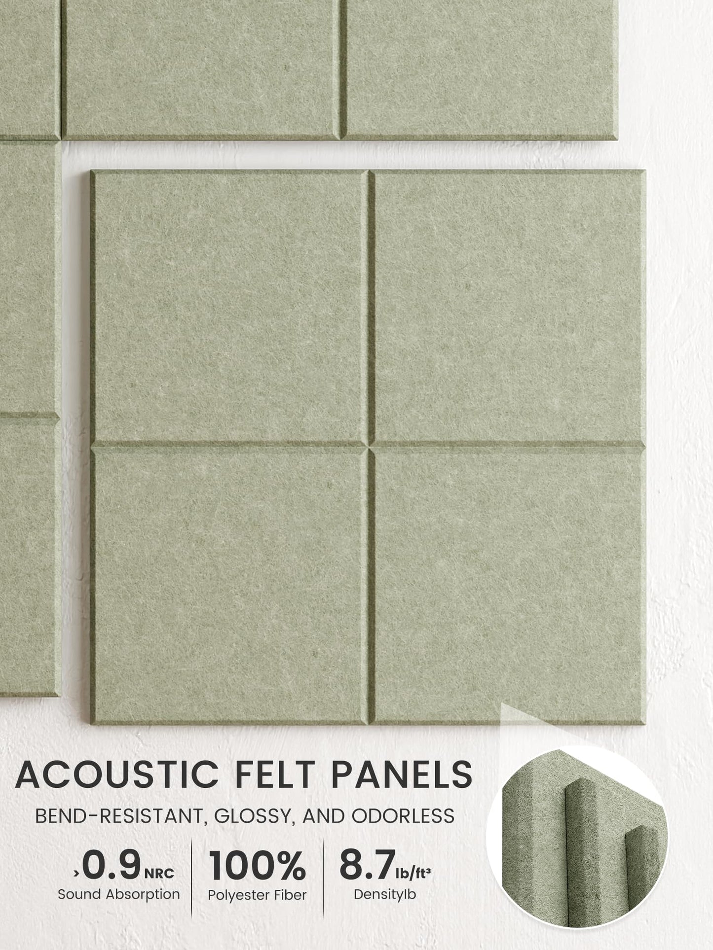 Bumusty Large Felt Bulletin Board, 48" x 36" Cork Board Alternative, 12-Pack Wall Tiles with 4-Compartment Design, 30 Push Pins, 70 Adhesive Tabs, Ideal for Office & Home Decor, Sage