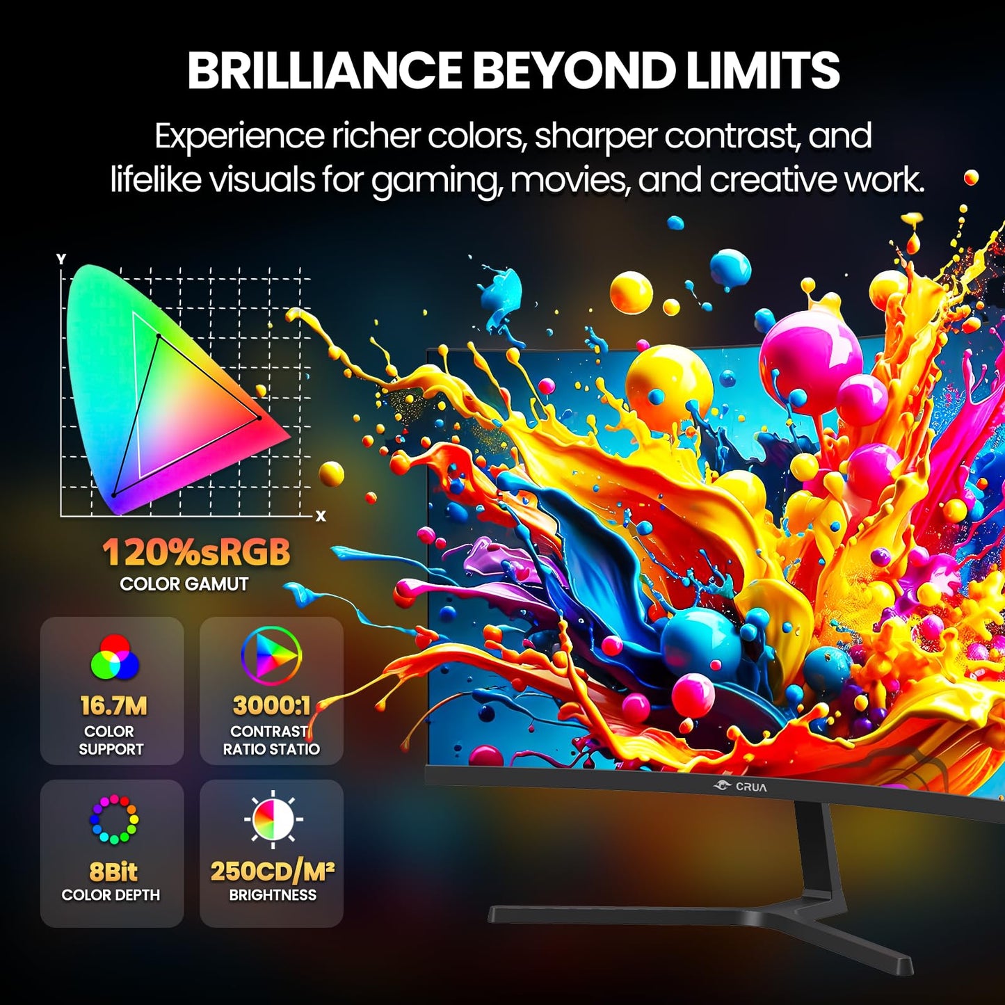 CRUA 24” 240Hz Gaming Monitor, Curved FHD 1920 x 1080P, Built-in Speakers, Support 120% sRGB, AMD FreeSync, Low Motion Blur, Wall Mount Installs Compatible, for Office and Games(HDMI 2.0&DP 1.4)–Black