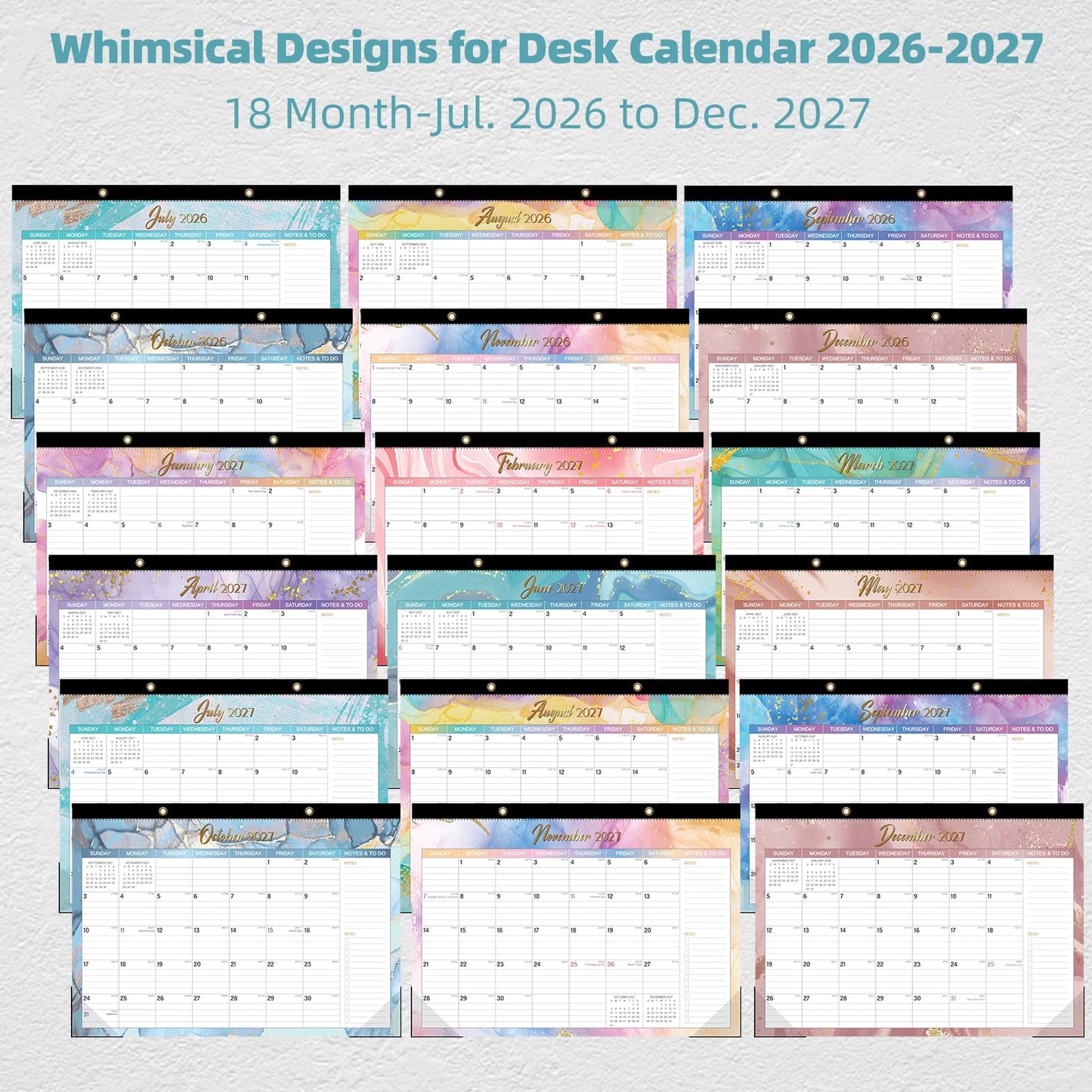 ZTX Desk Calendar 2026-2027,18 Month Academic Desk Calendars,17"x12" Jul.2026-Dec.2027 Calendar with Clear Plastic Cover for Teacher School Year Home Fluidic