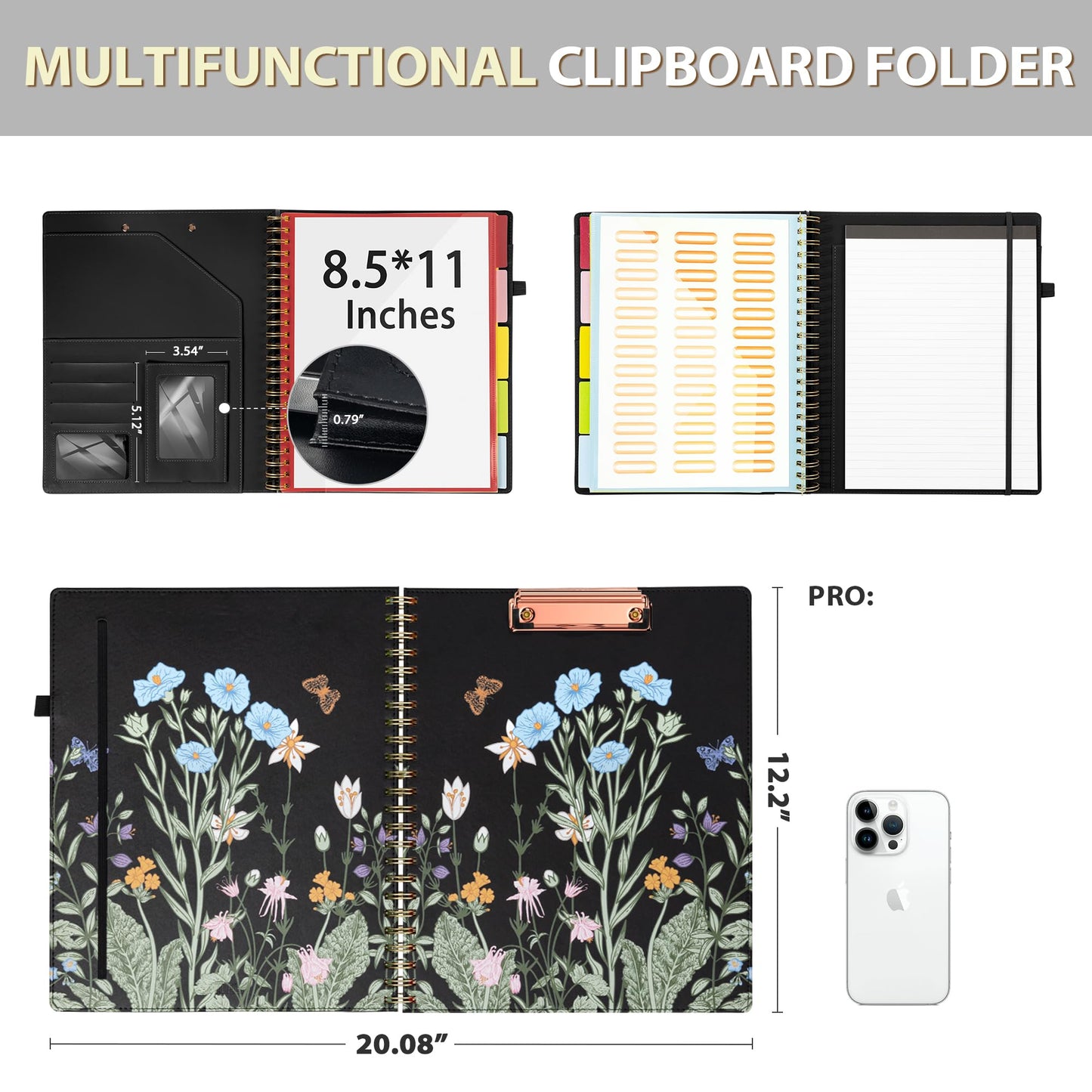 Ospelelf Clipboard with Storage for Women, Leather Padfolio Portfolio Organizer 5 Folders with 10 Pockets, Spiral Clipboard Folio with Notepad for Letter Size, Elastic Closure and Pen Loop Floral