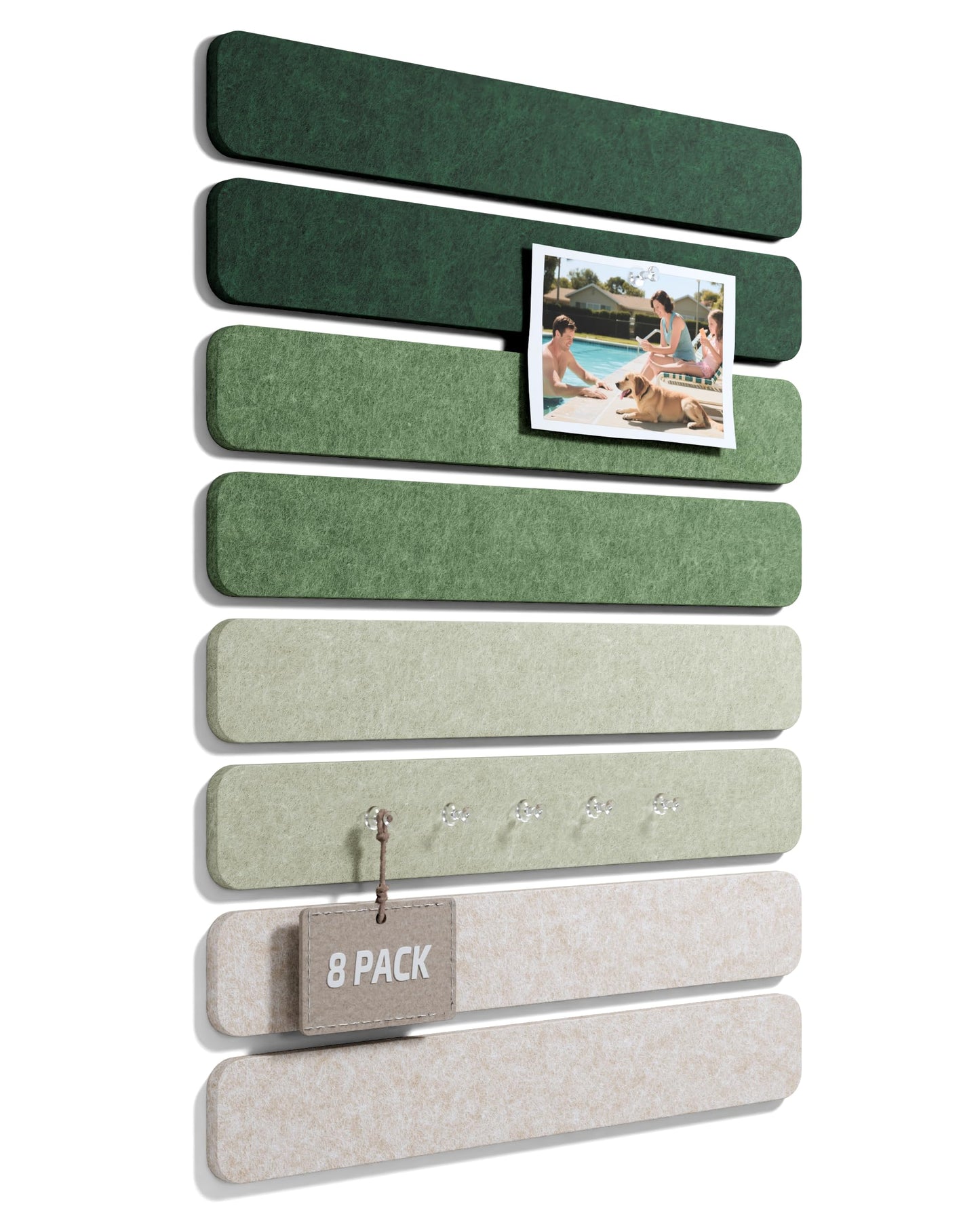 Fluxynara Cork Board Alternative Felt Strip Board 8-Pack 13"x2", Office Pin Board with 50 Push Pins, Adhesive Install for Bedroom Door & Home Office (Sagewood)