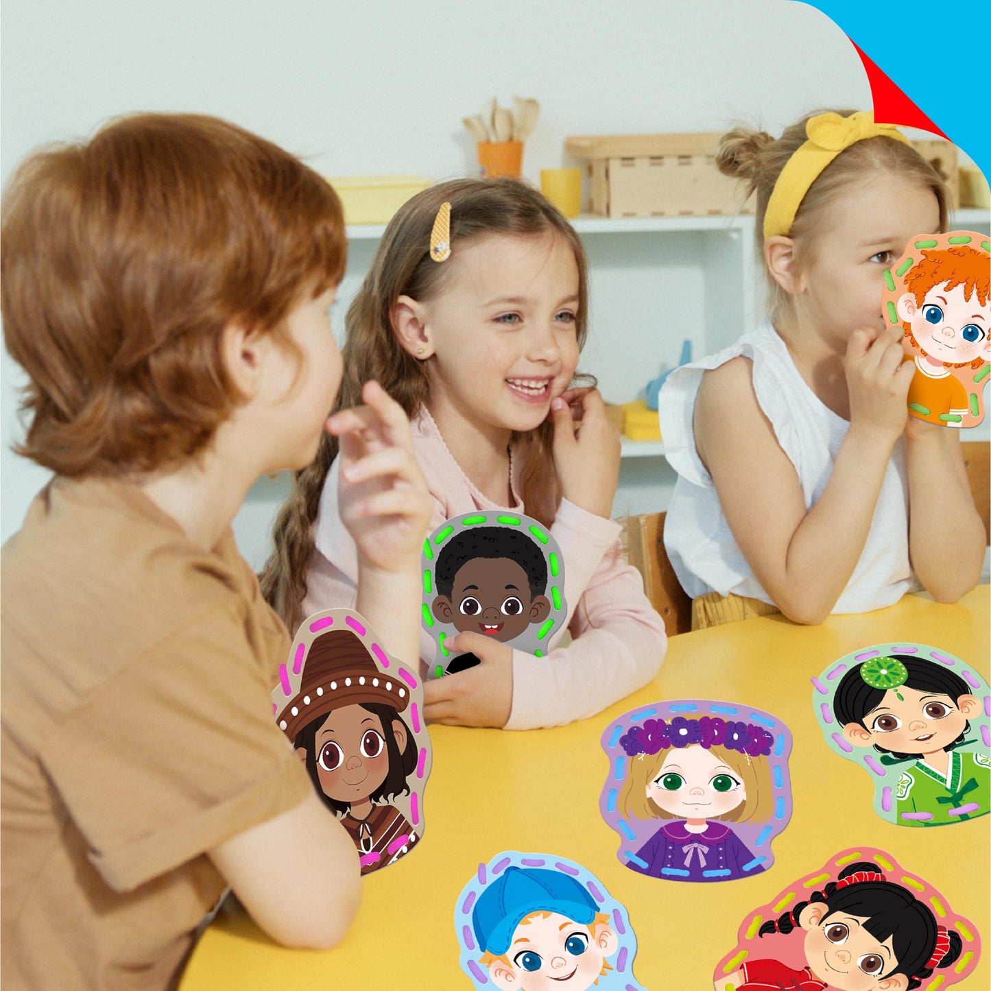 SpriteGru 9 Pieces Happy Face Lacing Cards, 9 Double Sided Color Sewing Cards with 9 Colorful Laces, Educational & Learning Activity Games, Imagination Development Lacing Toys for Preschoolers, Kids