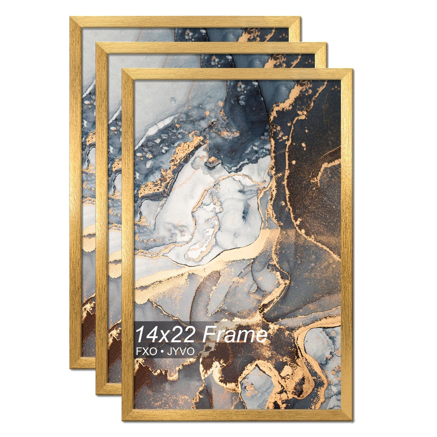 Fxojyvo Engineered Wood 14x22 Picture Frame Set of 3, Gold Frame for 14 x 22 Inch Picture Poster Photo, Light Weight 14 by 22 Frame with Wood-grain for Wall - 3 Pack/Gold/14 x22