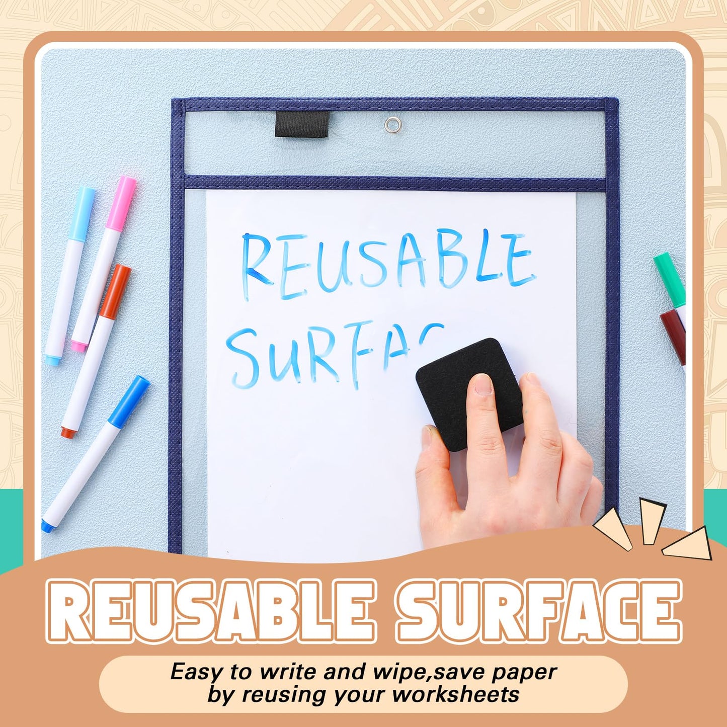 24 Pcs Dry Erase Pocket Reusable Sleeves 10" x 14" Clear Plastic Sheet Protectors with Markers and Mini Dry Erasers for Paper(Advanced Boho)