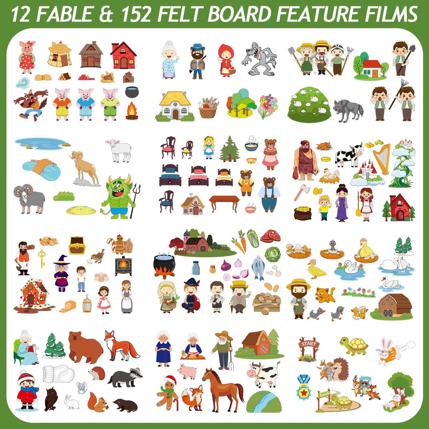 Windkream 12 Set Felt Board Stories Pieces Set Felt Animals Bible Fairy Tales for Preschool Animals Figures Flannel Board Stories for Toddlers Preschool Kindergarten Storytelling(Nursery Tales)