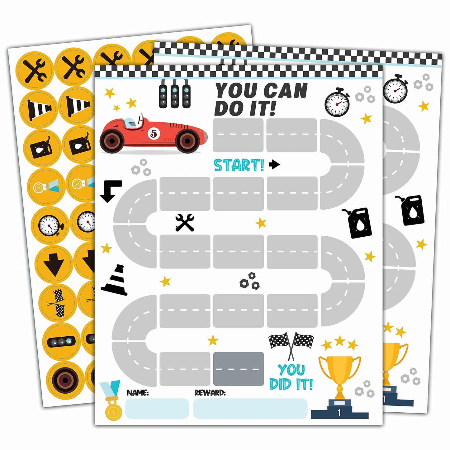 10 Racing Car Reward Chart with 216 Round Stickers, Incentive Behavior Chart for Kids at Home Classroom, Kids Routine Daily Chore Sticker Chart-A08
