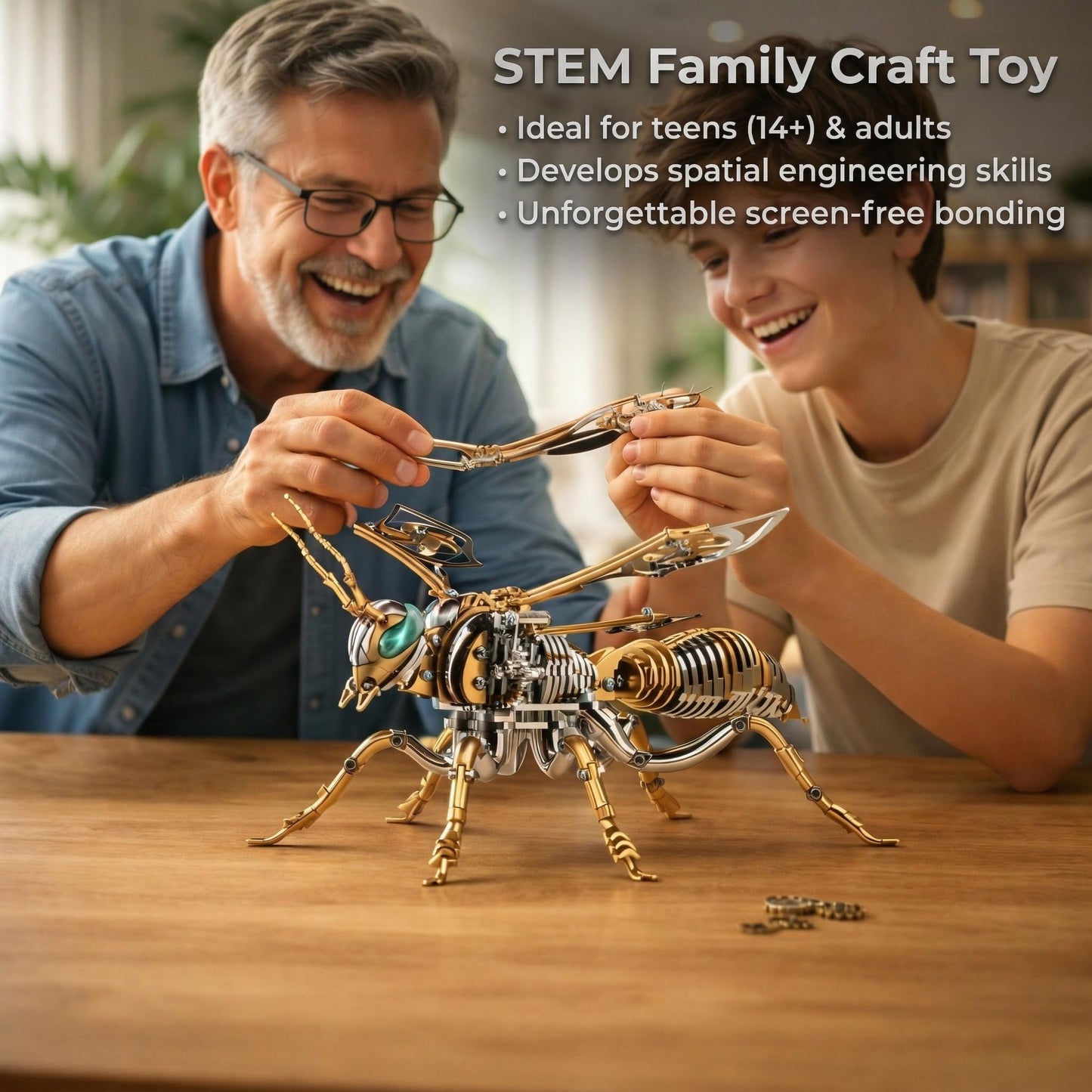 Gold-Plated Metal Bee Model Kit - 3D Stainless Steel Mechanical Insect Puzzle for Adults - Steampunk Bionic Wasp Sculpture - Executive Desktop Art and Stress Relief Gift (Bee-Rose-Gold)
