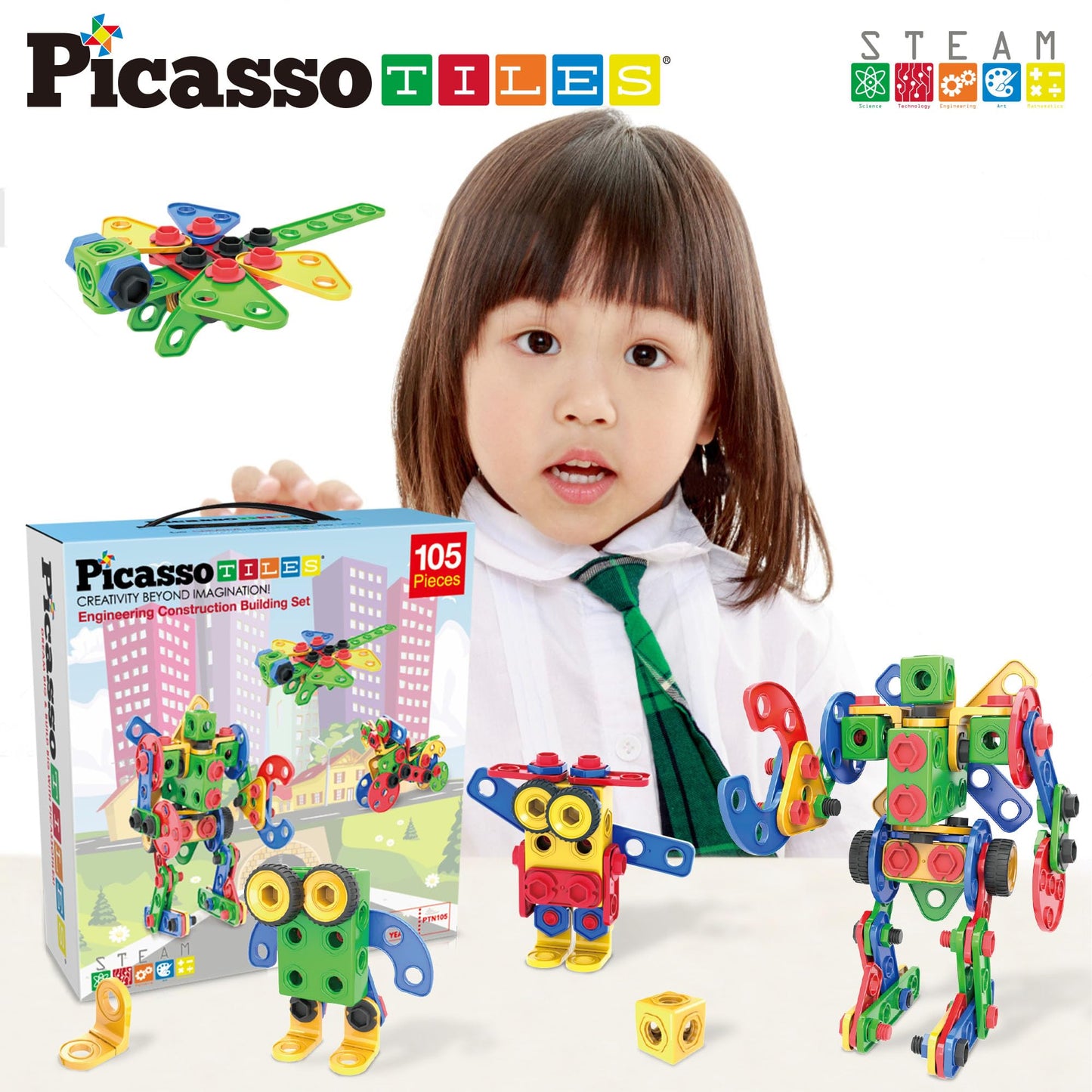 PicassoTiles STEM Learning Toys 105 Piece Building Block Set Kids Construction Engineering Kit Toy Blocks Children Early Education Playset w/IdeaBook, Power Drill, Clickable Ratchet, Age 3+ PTN105