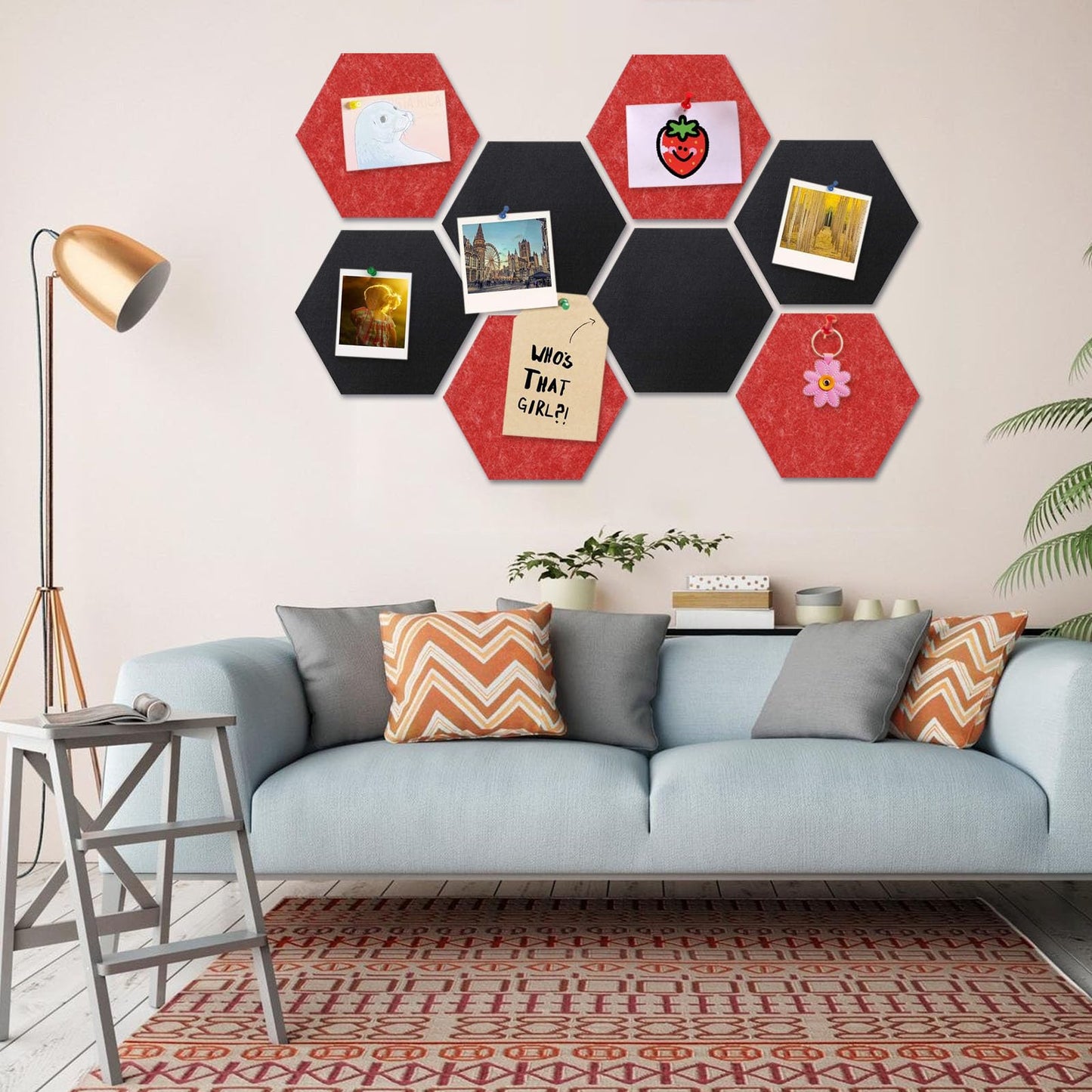 8 Packs Black Red Hexagon Felt Pin Board, 12" Bulletin Board with 30 Push Pins, Felt Board for Home Kitchen Office Decor, Self-Adhesive Corkboard Tiles for Walls Message Photos Memos Display