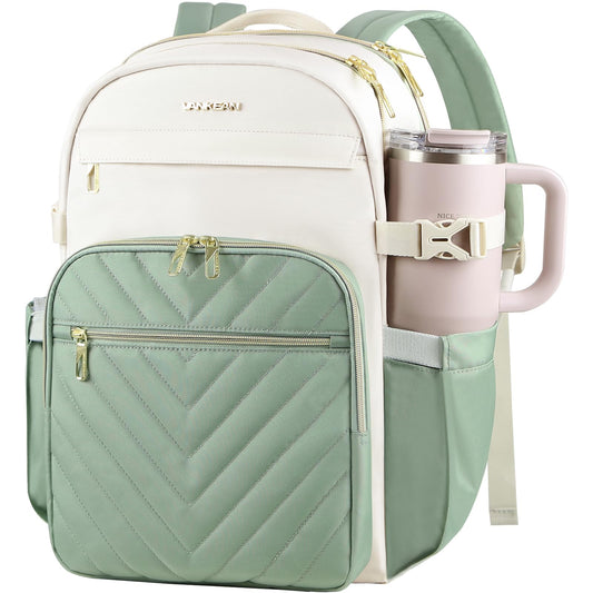 VANKEAN Laptop Backpack for Women with Pouch Pocket for Large Capacity Tumbler, 15.6 Inch Laptop Computer Bag Travel Backpack Purse,Waterproof Work Business College Teacher Bags, Beige-Light Green