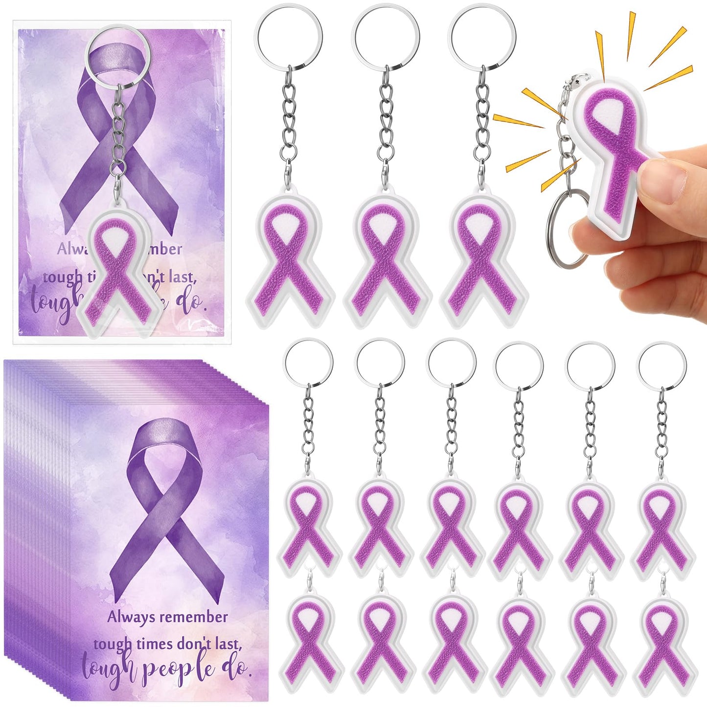 Gerrii 24 Sets Purple Ribbon 3D Fidget Keychains Lupus Awareness Products with Inspirational Cards 3D Press Stress Relief Sensory Gifts for Epilepsy, Alzheimer, Lupus Charity Event Gifts(Purple )