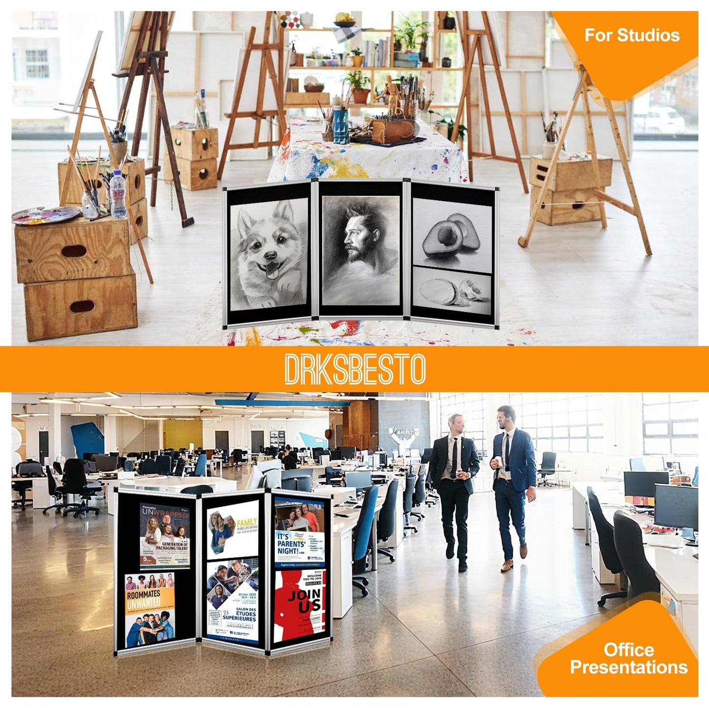 DRKSBesto 3+1 Panel Double-Sided Black Trifold Display Board with Storage Bag, 72 x 35.4 in Folding Tabletop Trifold Poster Board for School Projects, Vendor Events, Science Fairs