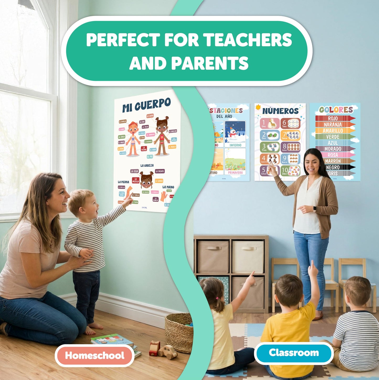 EXCOOL CLUB 16 Spanish Classroom Posters For Elementary - Colorful Bilingual Educational Posters For Toddlers 1-3, Laminated Learning Poster Preschool Must Haves, Abecedario Para Niños En Español