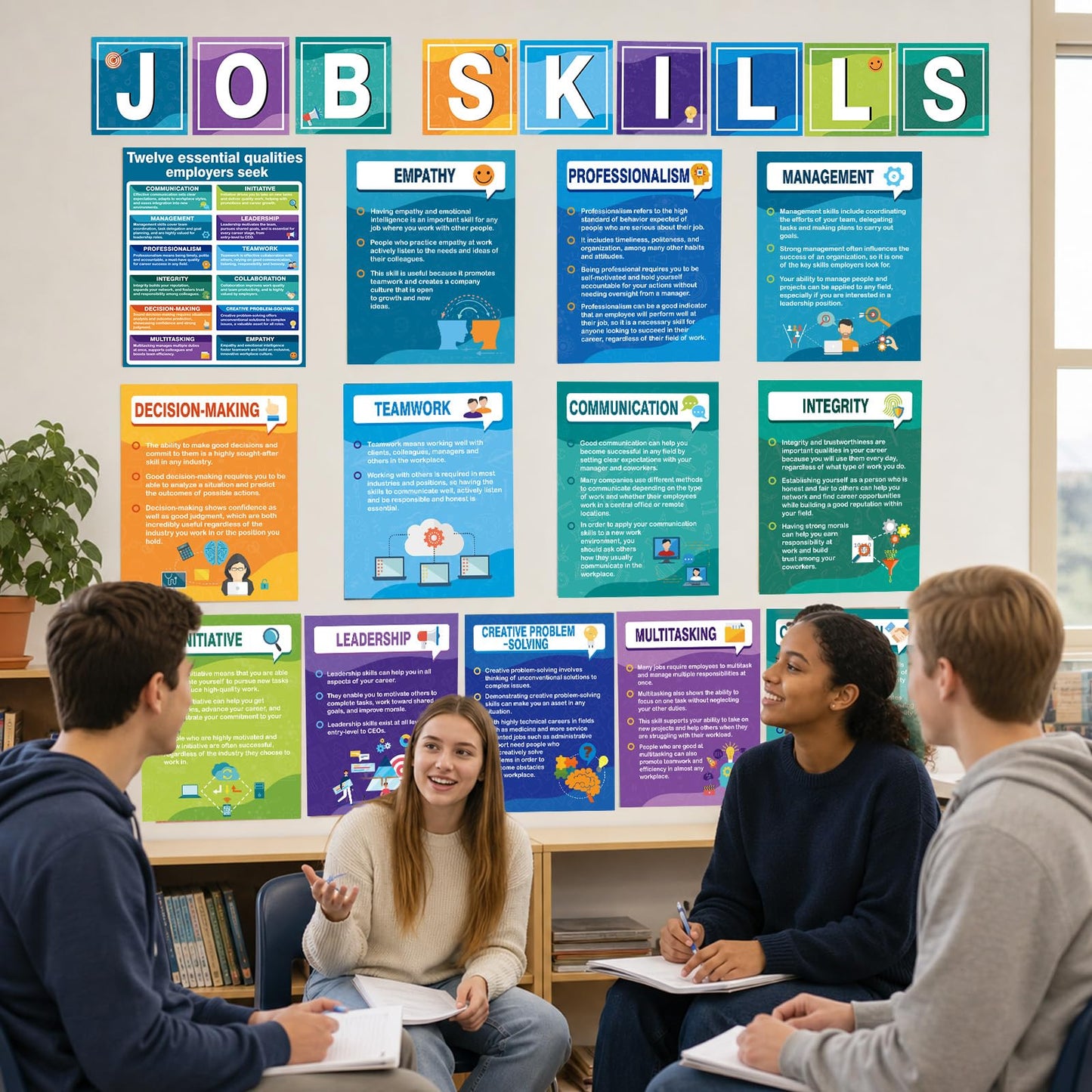 22PCS Job Skills Posters Educational Career Bulletin Board Set High School Classroom Decoration Essential Qualities Employers Seek Posters for Library Workplace Reading Corner Wall Decor, Modern