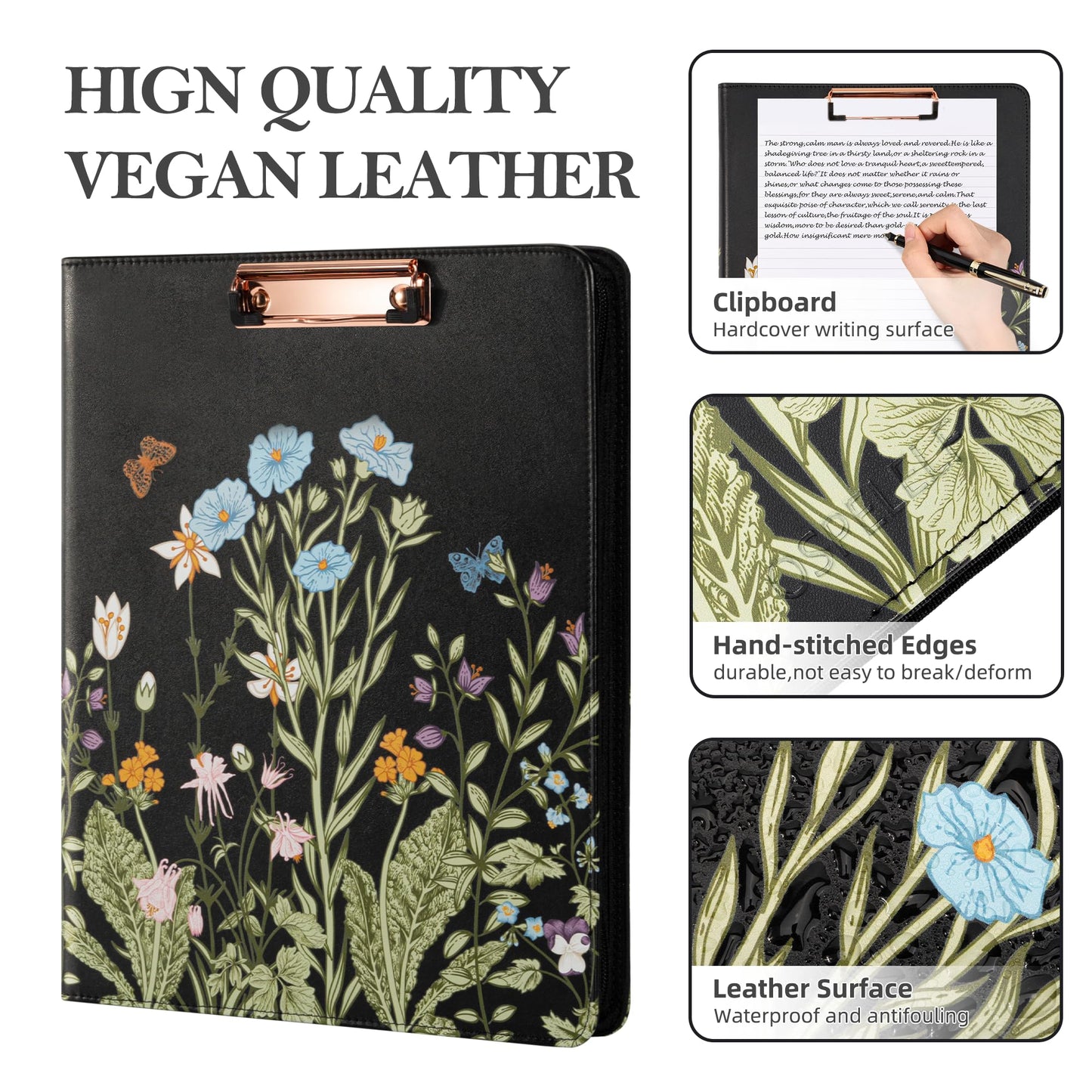 Ospelelf Leather Portfolio Folder with Zipper - 3 Ring Binder with Clipbard - Calculator, 12.1” Tablet Sleeve, 5 Dividers with 10 Pockets, Refillable Notepad, Card Holder (Bushes)