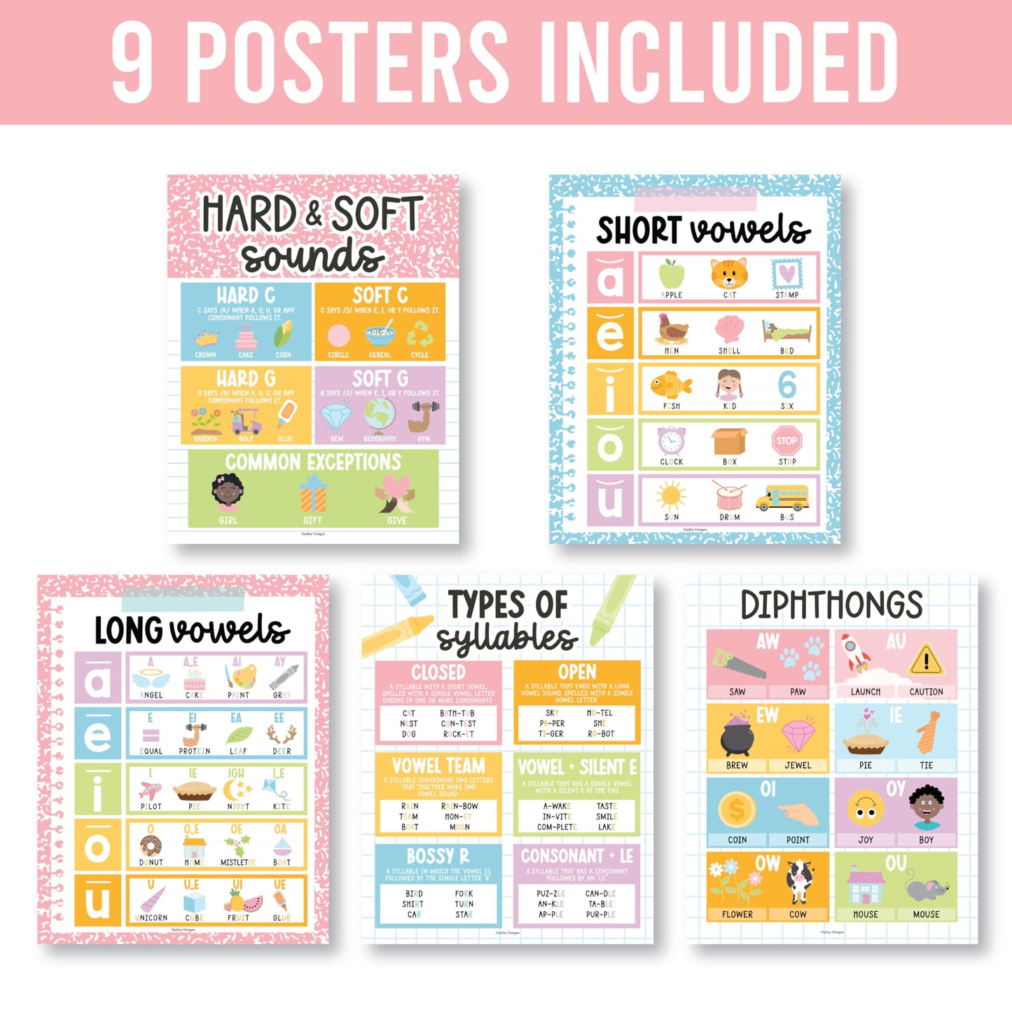 Hadley Designs Phonics Posters for Classroom Must Haves - 9 Sound Wall for Kindergarten & Elementary Teacher Supplies, Syllable, Vowels, Digraphs & Blends Bulletin Board Set, Pastel Classrom Decor