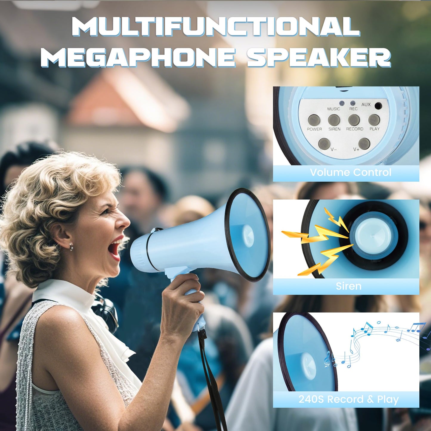 MyMealivos 20W Megaphone Bullhorn, Built in Siren & 240s Recording, 5.4"×8.6" Portable Megaphone with Volume Control Cover Up to 300 feet+ for Indoor and Outdoor Activities(Light Blue)