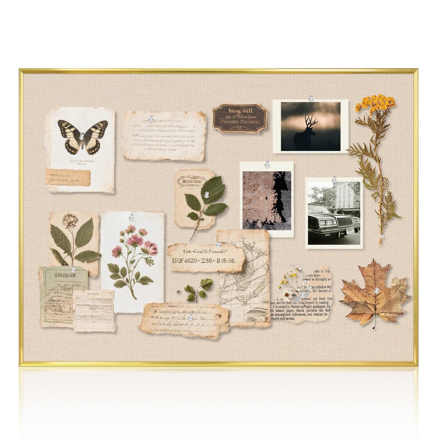 QUEENLINK Linen Bulletin Board 24" x 18", Fabric Pin Board with Gold Aluminum Frame, Decorative Vision Board for Home Office, Bedroom & Dorm Wall Decor, Includes 10 Push Pins, Beige