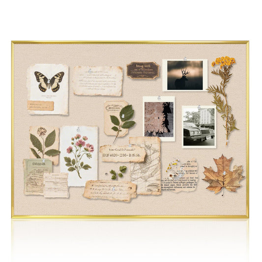 QUEENLINK Linen Bulletin Board 24" x 18", Fabric Pin Board with Gold Aluminum Frame, Decorative Vision Board for Home Office, Bedroom & Dorm Wall Decor, Includes 10 Push Pins, Beige