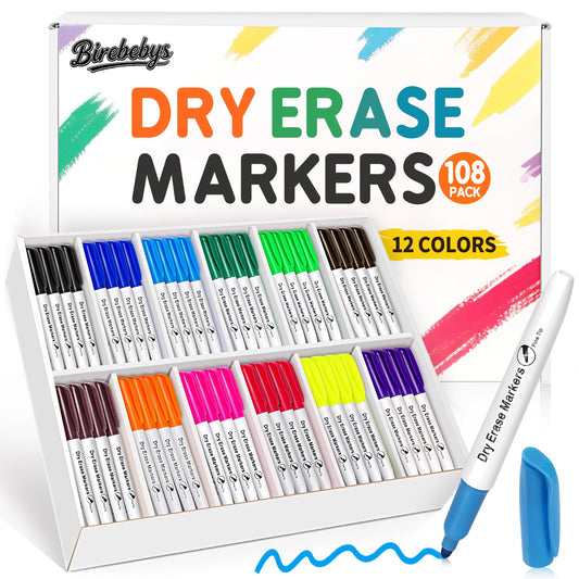 Birebebys 108 Count Bulk Dry Erase Markers, Fine Tip Whiteboard Markers, 12 Vibrant Colors, Back to School & Classroom Supplies for Teachers, Kids Bulk Set for Home Use