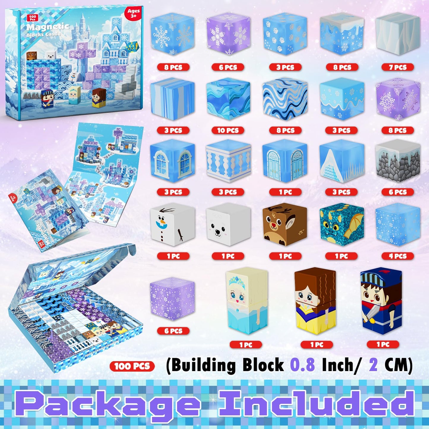 Magnetic Blocks - 100PCS Magnetic Building Block for Kids Age 3+, Transparent Magnet Cubes Blue Castle Building Toy Sets, STEM Magnets Toys Easter Birthday Gift for Boys Girls 4 5 6 7 8 9 10 11 12+