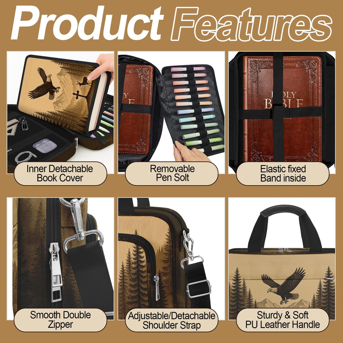 IBOVODI Eagle Large Bible Bag with Bible Cover Case for Men Women, Church Bag Book Carrying Case w/Shoulder Strap Handle Zipper Pocket, Bible Study Supplies Journaling Kit Accessories Christian Gift