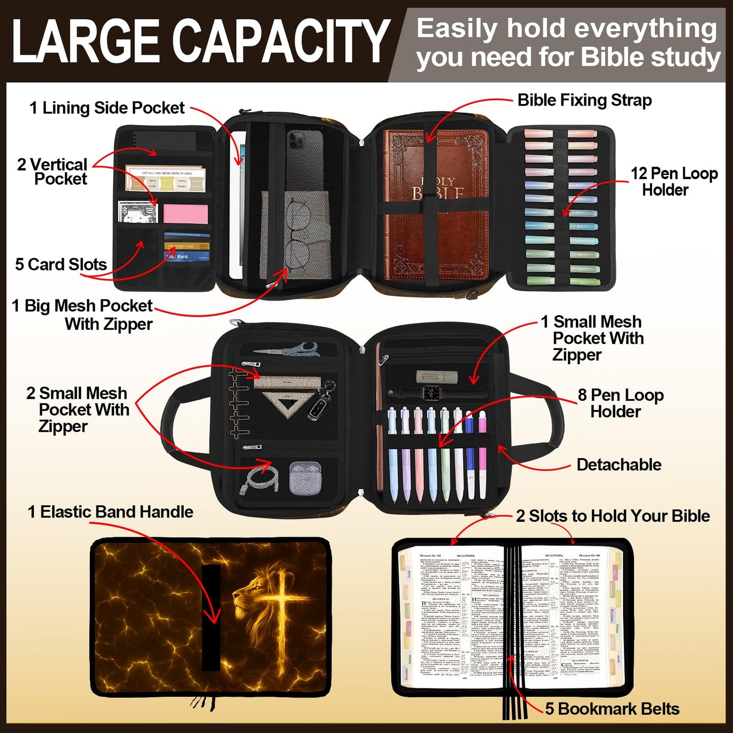 IBOVODI Lion Cross Bible Cover Case for Boys Kids, Large Men Bible Carrying Book Case Church Bag with Handle Zipper Pocket, Bible Study Supplies Journaling Kit, Highlighters Tabs Pens Cross Clips