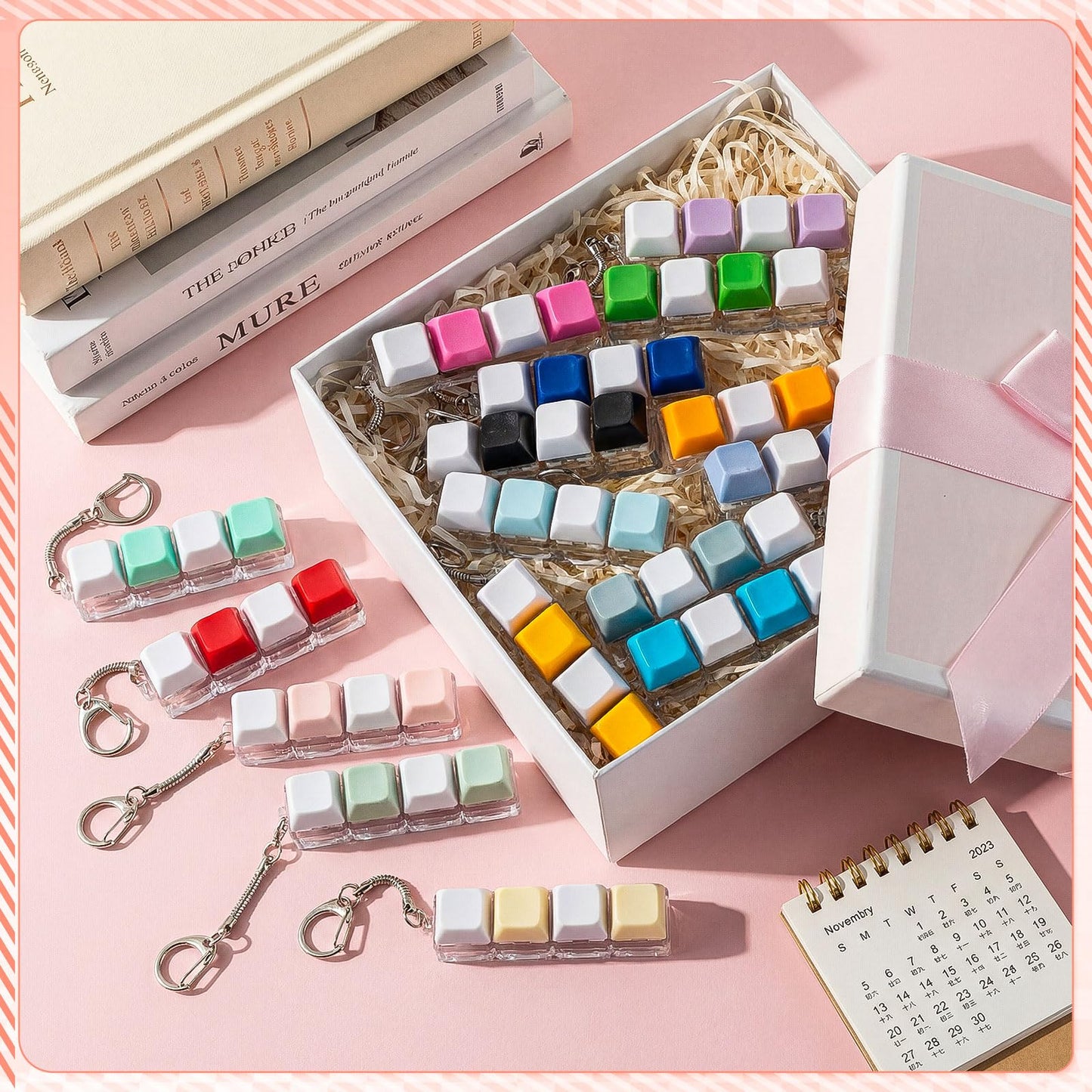Halloscume 16 Pcs Keyboard Adult Fidget Clicker Toy 4-in-1 Keyboard Fidget Keychain Cube Mechanical Key Button Clicker Stress Relief Gift for Office School Home to Pass the Time(Alternating Colors)