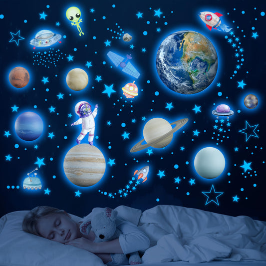 Glow in The Dark Stars Solar System Wall Decals, Star and Planets Stickers for Ceiling, Kids Wall Sticker Space Room Decor (Blue)