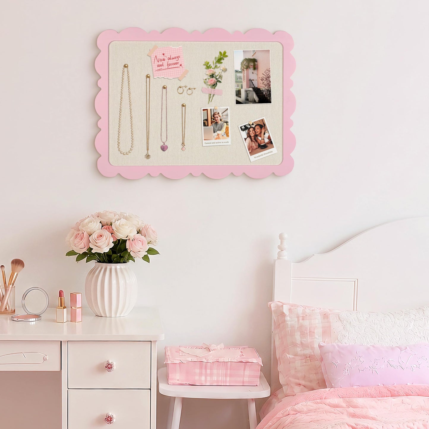 Marribol Scalloped Pin Board with Linen，18’’x24’’,Pink Pine Frame Bulletin Board for Office Home School Girls Dorm Decor, with 10 Cards,10 Pins