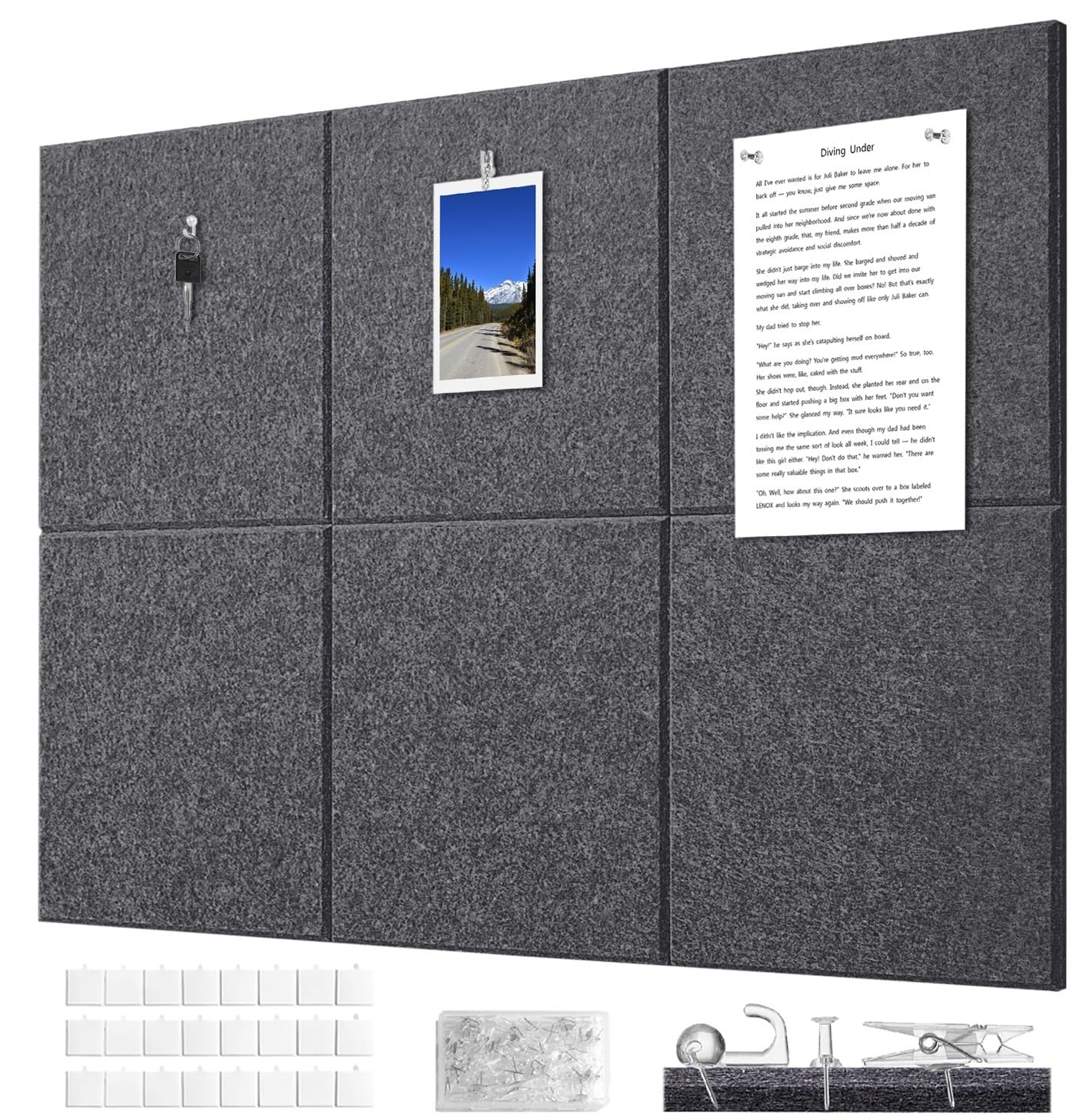 G Gamit Felt Wall Tiles Bulletin Board Large Cork Board Alternative 6 Pack 11.81”x11.81”x0.47” Felt Pin Board Tack Board with Safe Removable Adhesive Tabs for Home Office School 36x24 (Charcoal Grey)