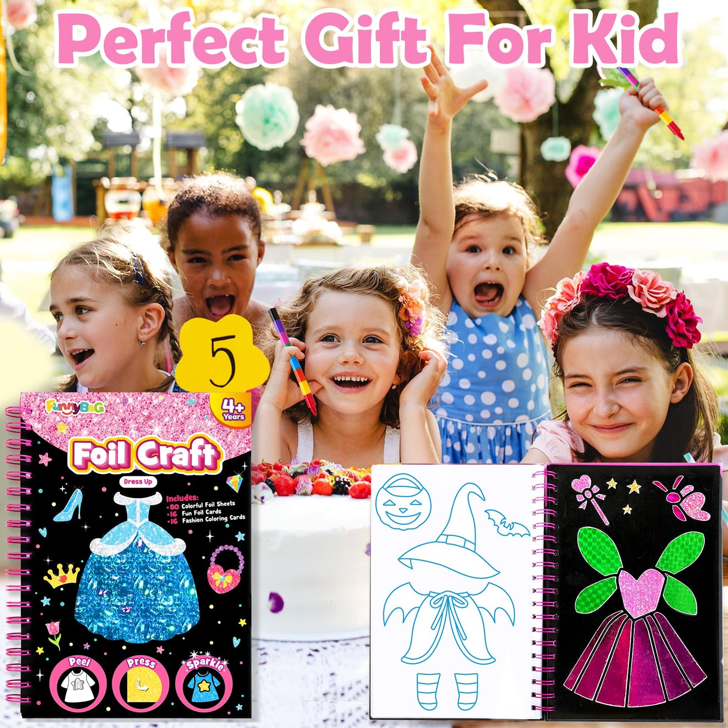 FUNNYB&G Foil Art Craft Kit for Girls 4-10 Years Old: Mess-Free & No-Glue, Create 16 Sparkly Dress Up Pictures – Perfect Travel Toy & Birthday Gift for Kids (Dress Up)
