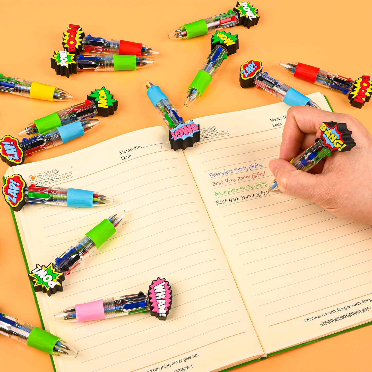 LiYiQ 25 Pcs Hero Theme Multicolor Pen in One Cartoon Cute Fun 4-in-1 Cute Pens Bulk Kawaii Hero Theme Boom Wow Pow Conversation Cool Ballpoint Pens for Fun Gifts