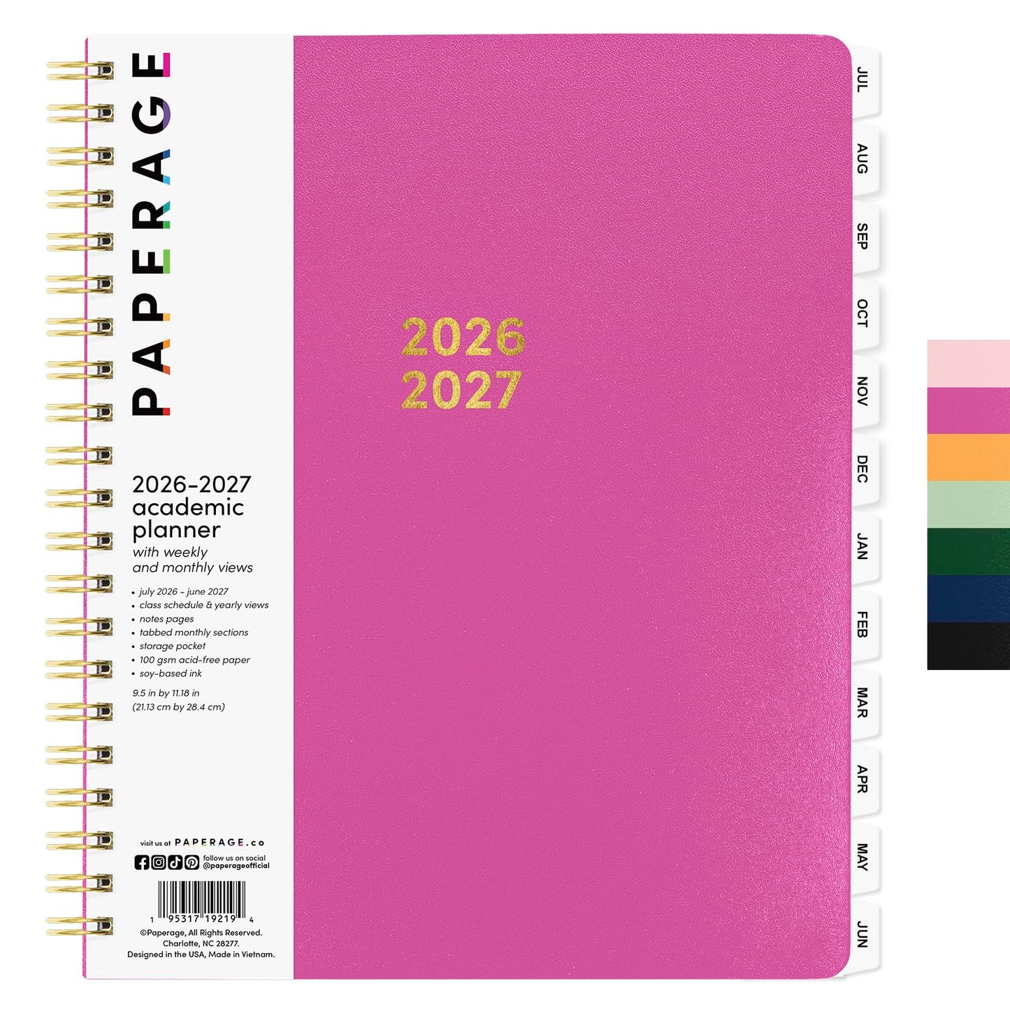 PAPERAGE Academic Planner, Weekly & Monthly Planner & Calendar, 12-Months, July 2026 - June 2027, (9.5" x 11"), School & Student Planning Agenda with Tabs, Bonus Pages & Inner Pocket, Raspberry