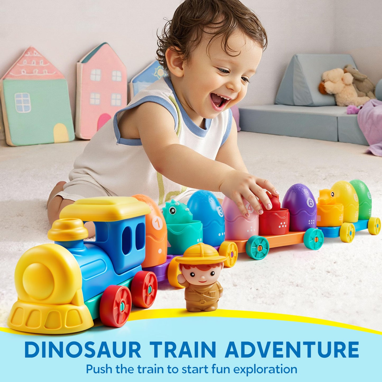 Play-Act Learning Toy for Toddlers 1 2 3 Years Old, Counting, Matching & Sorting Montessori Learning Dinosaur Train Including 9 Dinosaurs, Birthday Gift for Baby Boys Girls