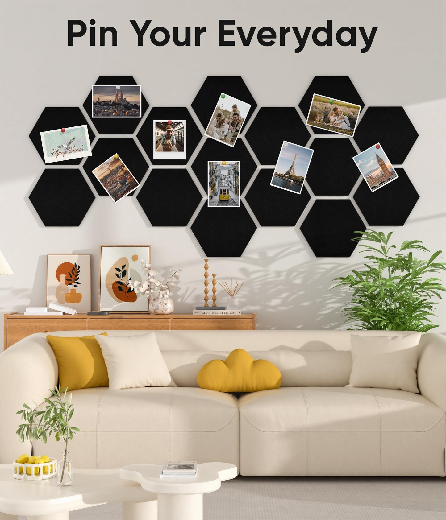 Toptople 12 Inch Large Hexagon Cork Board for Walls, 8 Pack Felt Bulletin Board Tiles, Pin Board with Push Pins for Office Photo and Note, Black