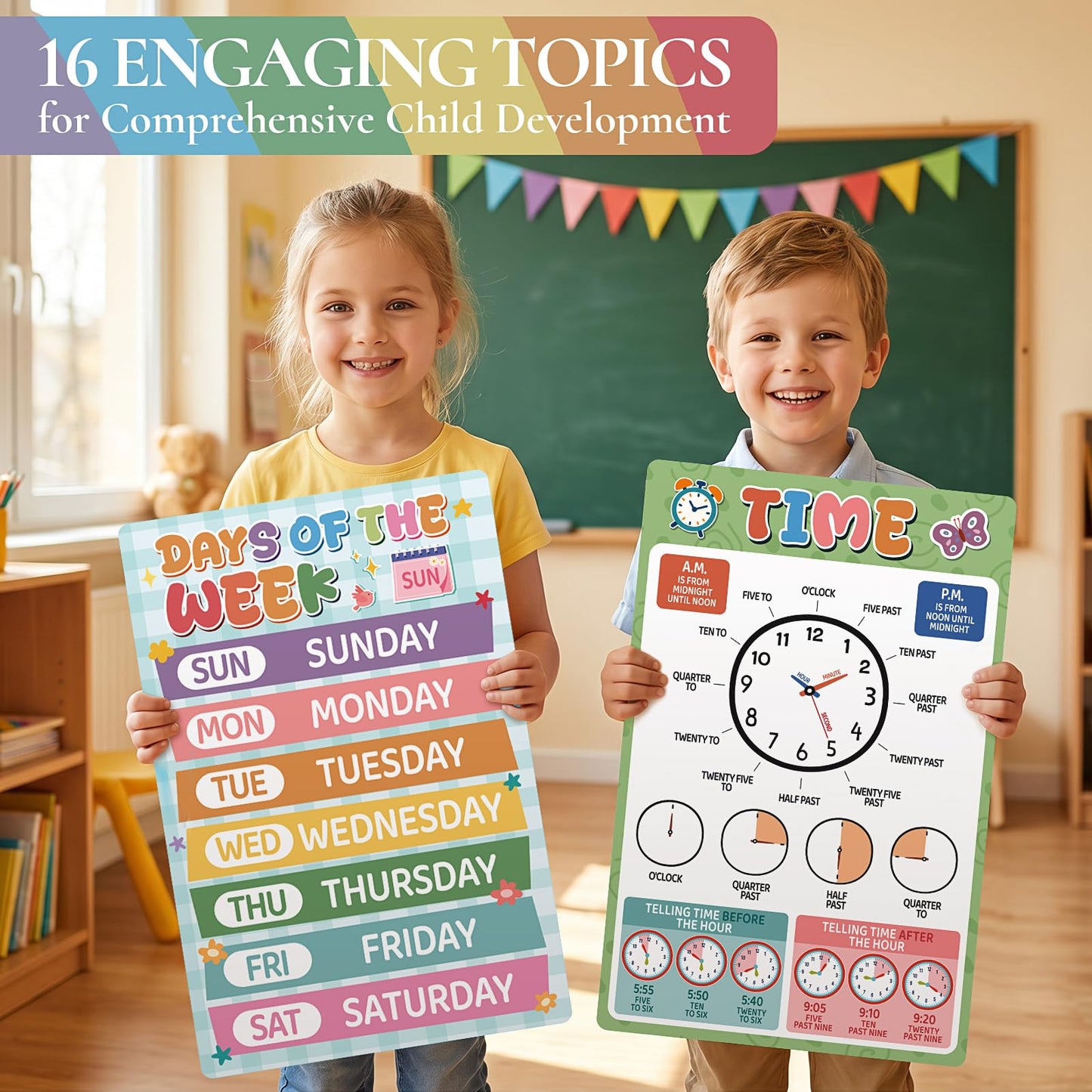 KONVINIT 18 Pack Educational Posters for Classroom Must Haves, Boho Learning Posters For Toddlers 1-3 with PET Lamination, Toddler Learning Posters - Kindergarten & Preschool Classroom Decor School Supplies For Kids