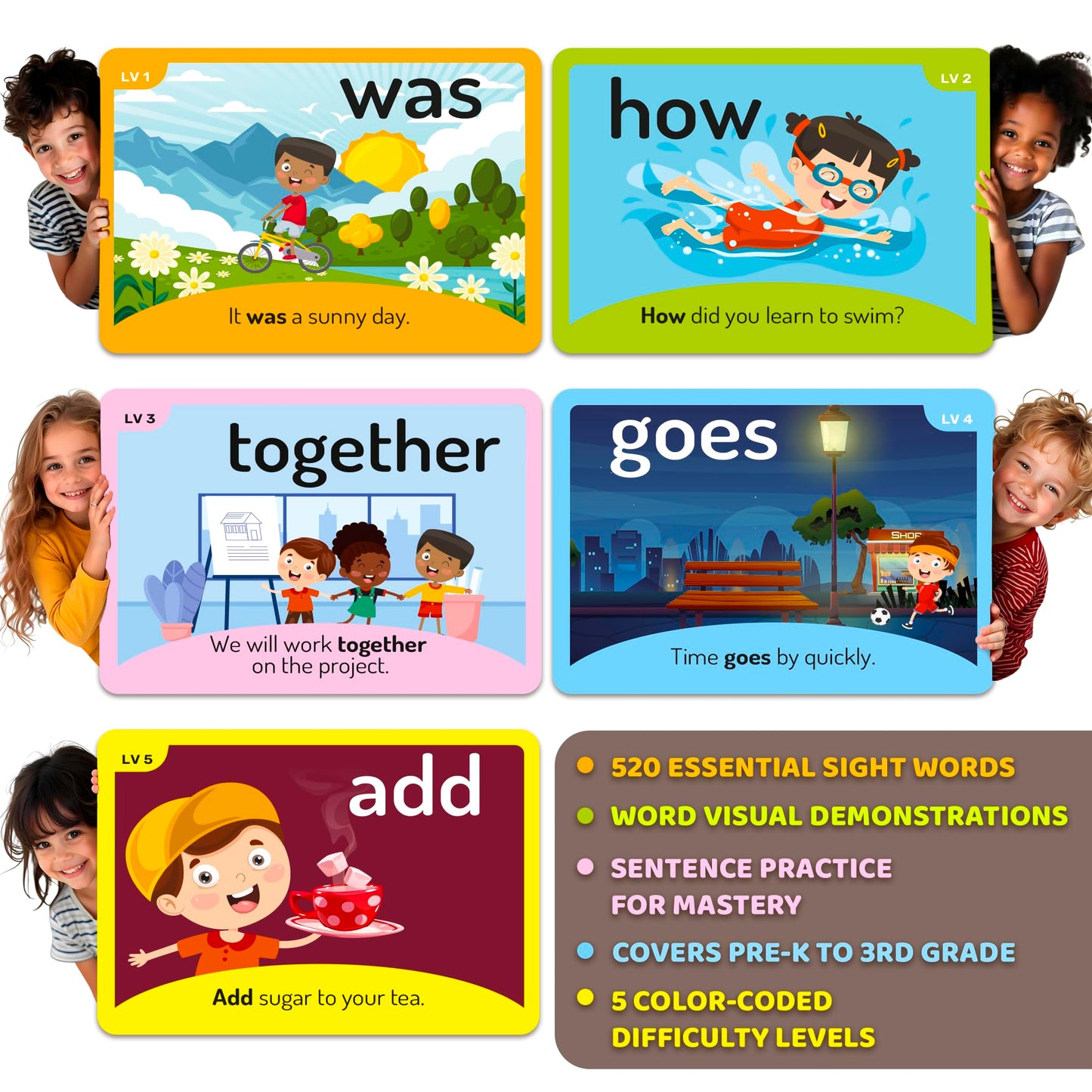 520 Sight Words Flash Cards Kindergarten with Sentences For Kids Ages 4-8 – Based on Dolch Sight Words Lists for Reading Fluency – Flashcards for Studying Pre-K to 3rd Grade - Speech Therapy Materials