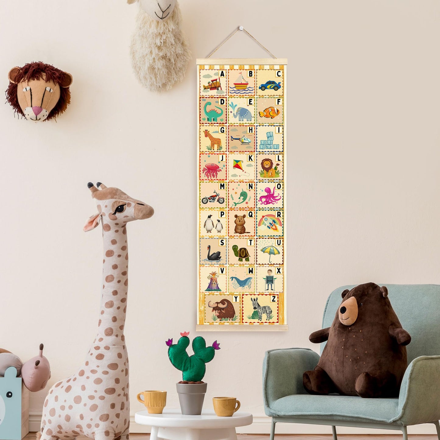 TAEDIN Funny Alphabet Classroom Wall Art Poster Hanger Frame, ABC Learning Educational Wall Art with Wood Frames, Animal Letters Hanging Decor for Kids Toddlers Room Nursery Bedroom, 12x35 Inches