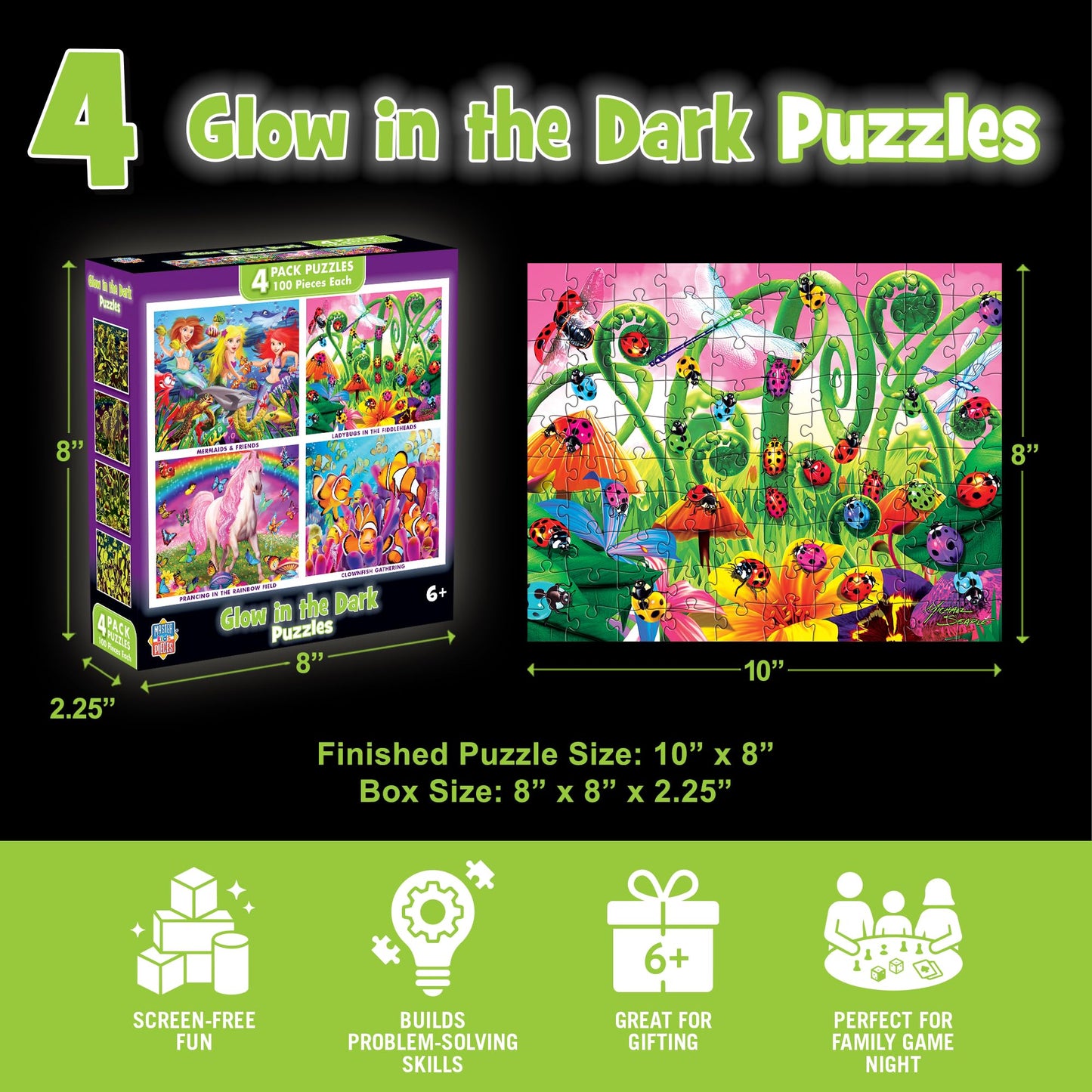 MasterPieces – Jigsaw Puzzle Set for Kids 6+ Years, 4-Pack of 100 Pieces, Educational and Fun Game, Purple Glow in the Dark Collection, Gift Idea for Children, 8" x 10