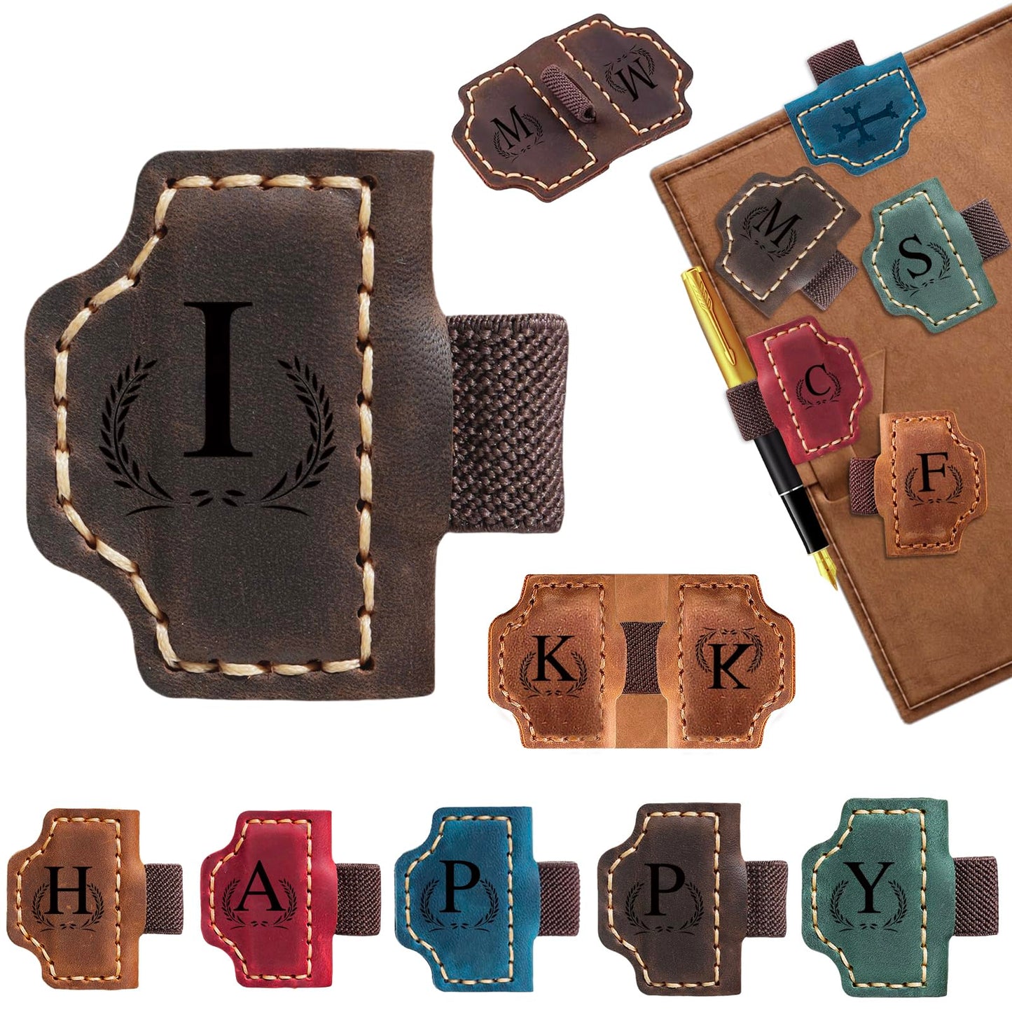 Custom Bygone Mark Bookmark with Pen Holder, 26 Letters Name Initial Personalized Magnetic Leather Bookmark, Gifts for Book Lovers, Readers, Travelers, Leather Book Marks (Dark Brown, I)