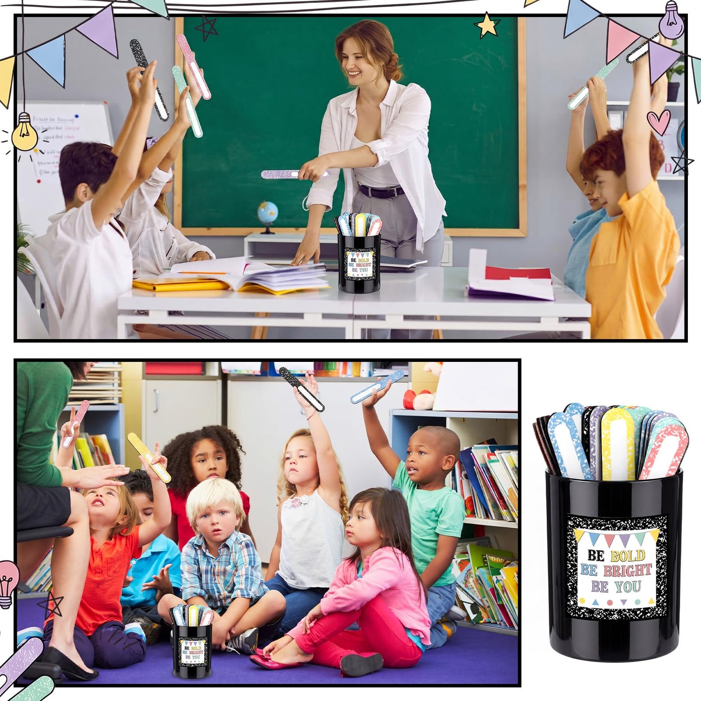 Glenmal 36 Pcs Composition Book Flip Name Sticks for Classroom with Strage Box Multicolor Talking Flip Name Sticks for Teacher Essentials Grouping Learning Activies Student Educational Back to School