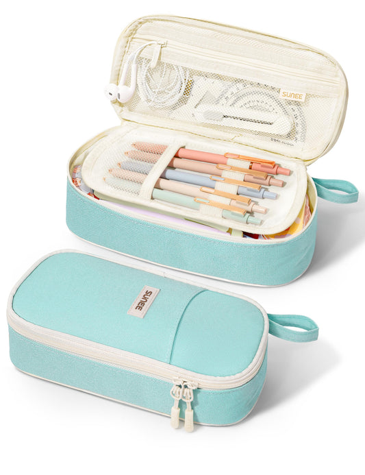 SUNEE Cute Pencil Case, Aesthetic Pen Pouch, Colored Large Pencil Bag with Zipper, Kawaii Stationery Storage and Organizer, School Supplies for Teen and Adult Girls, Mint Green