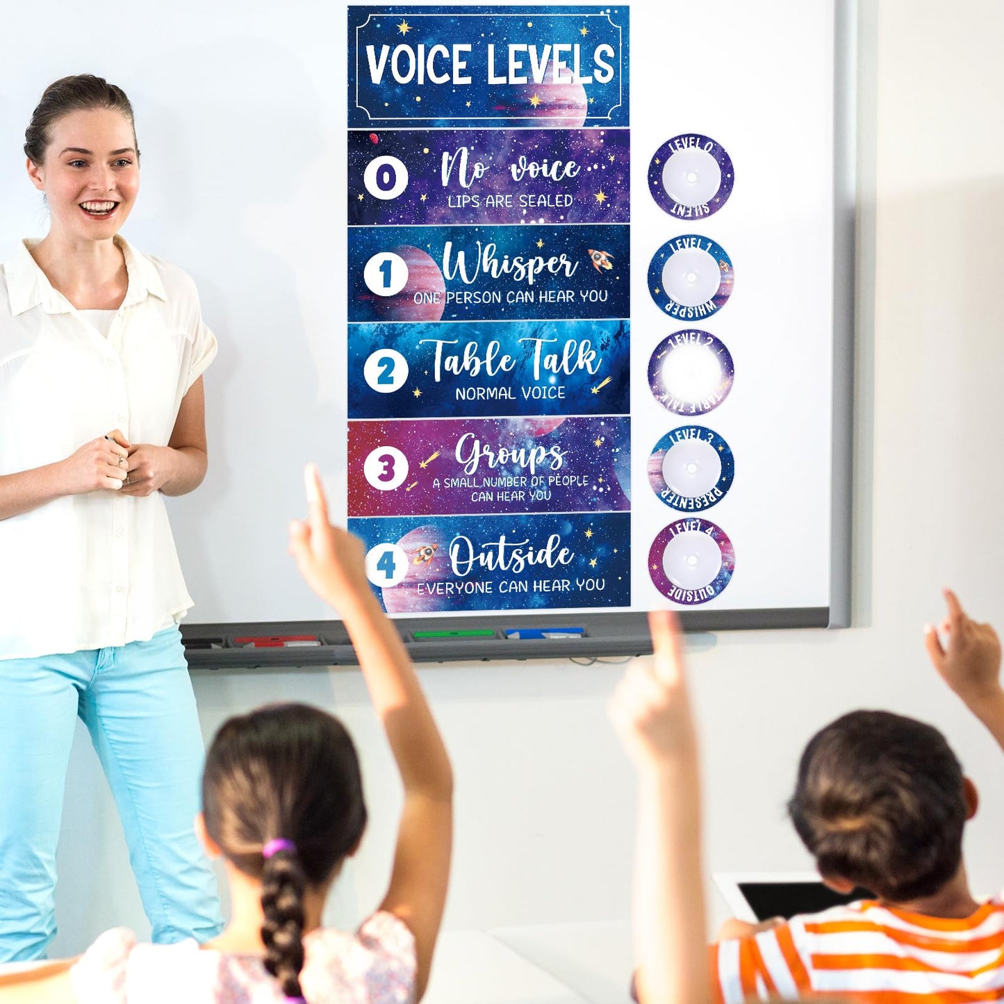 5 Pcs School Push Light and Voice Level Poster Voice Level Chart Monitor Rules Sign Galaxy LED Tap Light Classroom Rules Poster Solar System Classroom Management Tools for Teachers（Space Style）