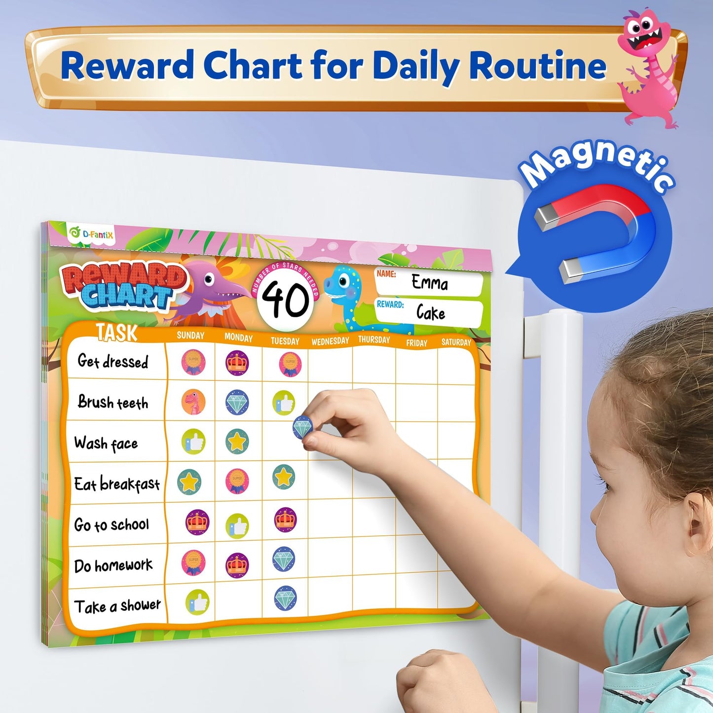 D-FantiX Reward Chart for Kids - Pad with 27 Chore Charts, Magnetic Behavior Chart for Kids at Home, Sticker Chart to Motivate Responsibility and Good Habits, 2328 Incentive Stickers